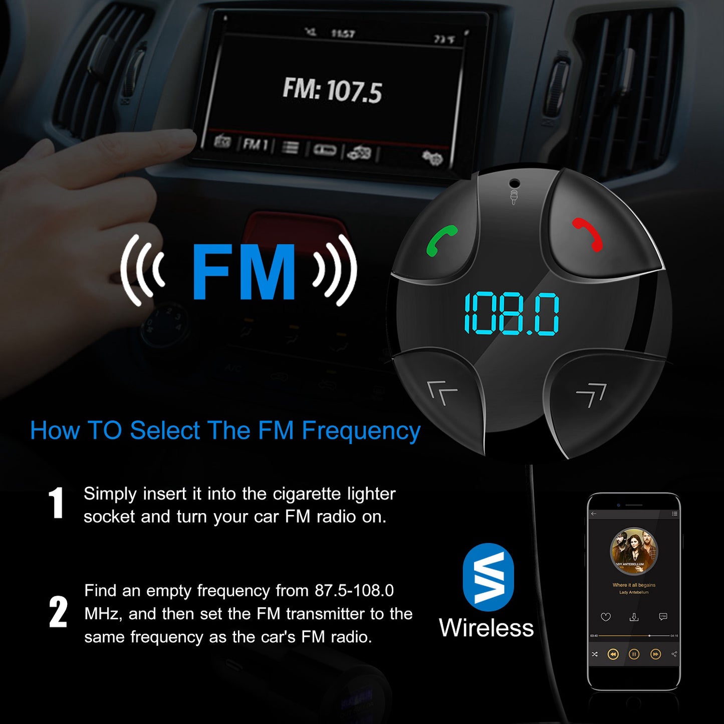 Car Wireless FM Transmitter V4.2 Car MP3 Player 3.4A Dual USB Charge