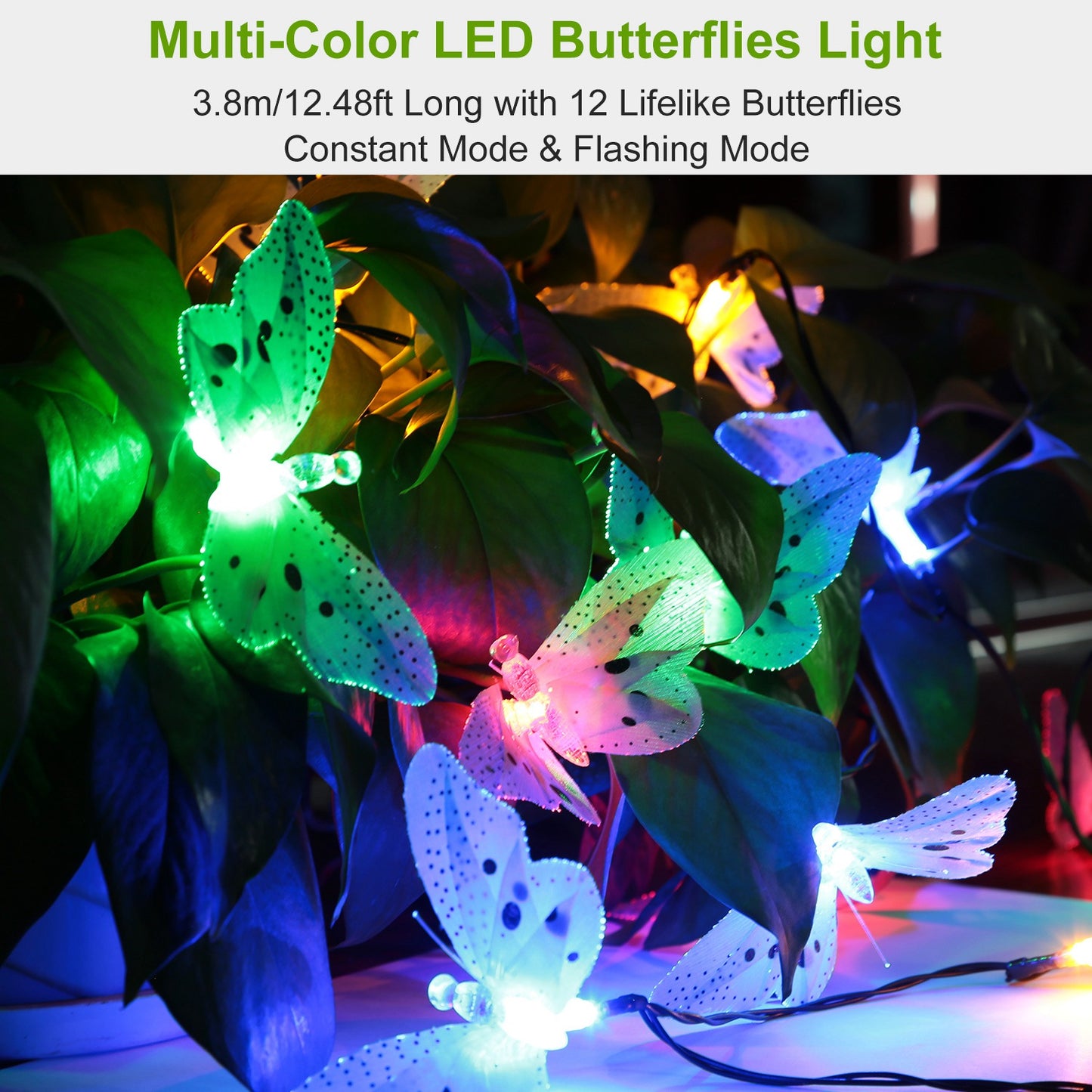 2 Pack Solar String Lights 3.8m/12.48Ft 12 LEDs Butterfly Lights IP44 Waterproof
