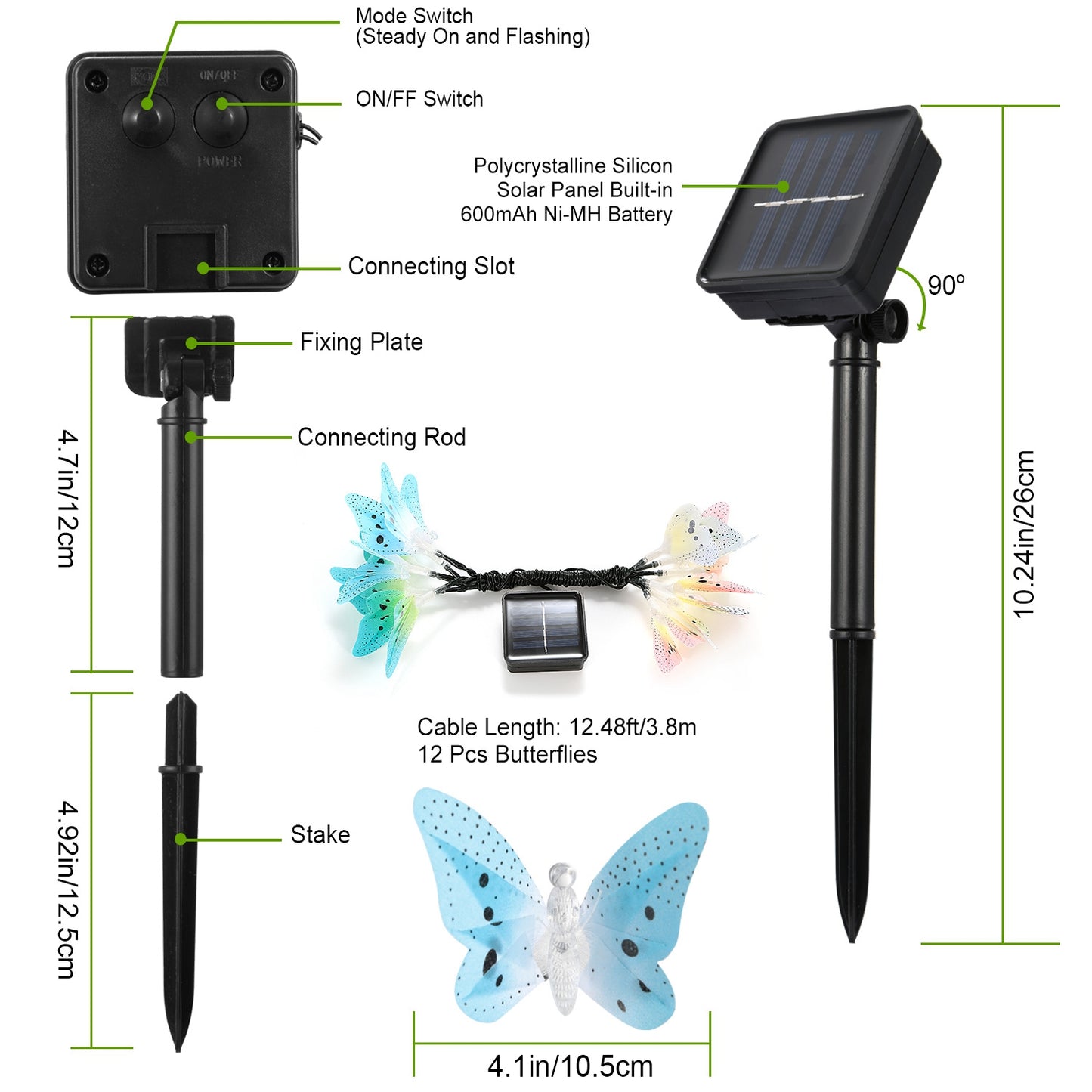 2 Pack Solar String Lights 3.8m/12.48Ft 12 LEDs Butterfly Lights IP44 Waterproof