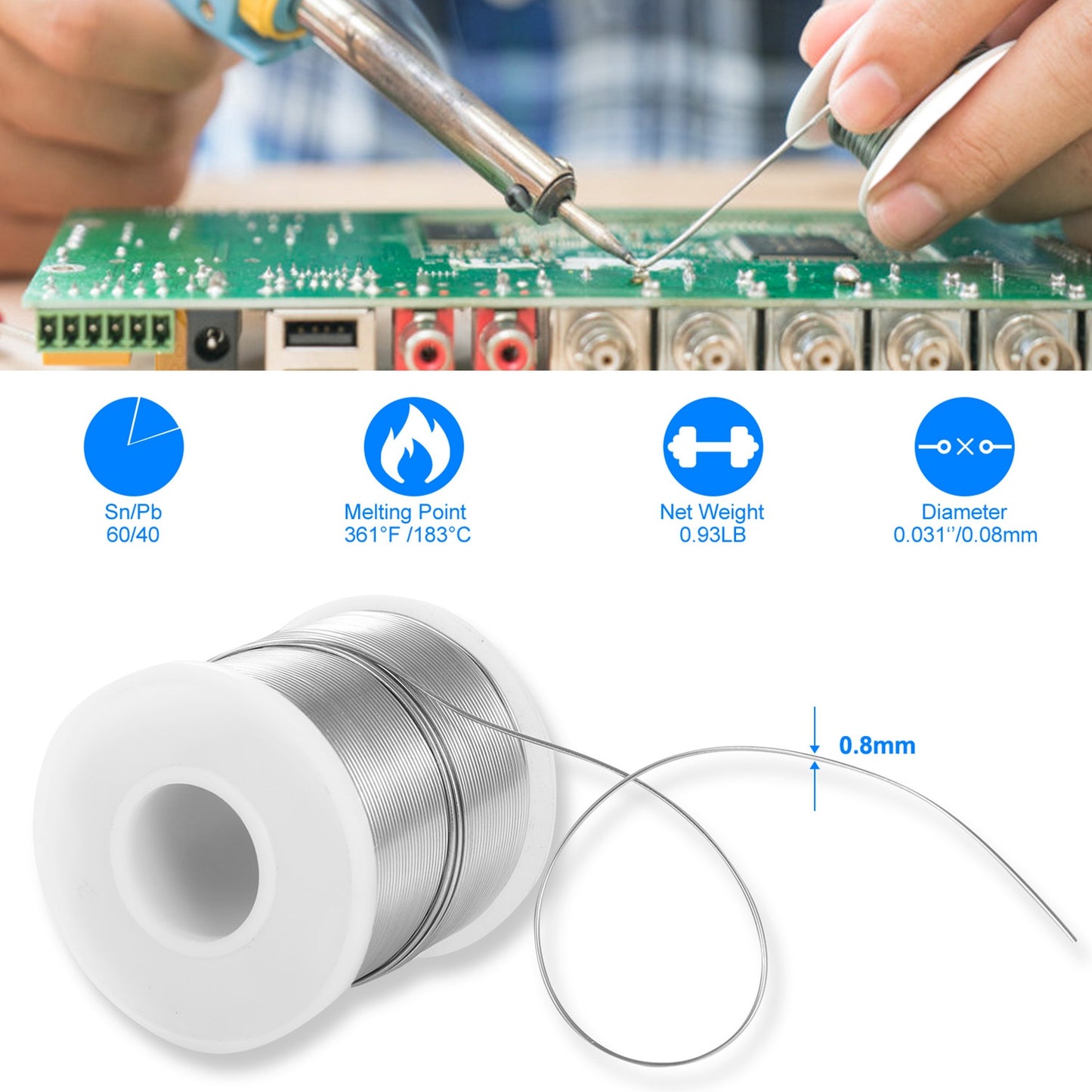 Soldering Wire 60/40 Tin Lead Rosin Core 0.031in /0.8mm 1.7% Flux
