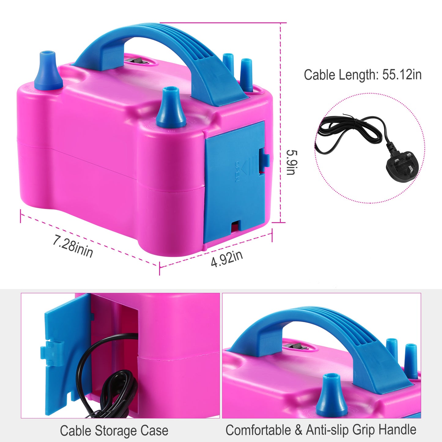 Electric Balloon Pump 600W Balloon Blower Inflator Dual Nozzle