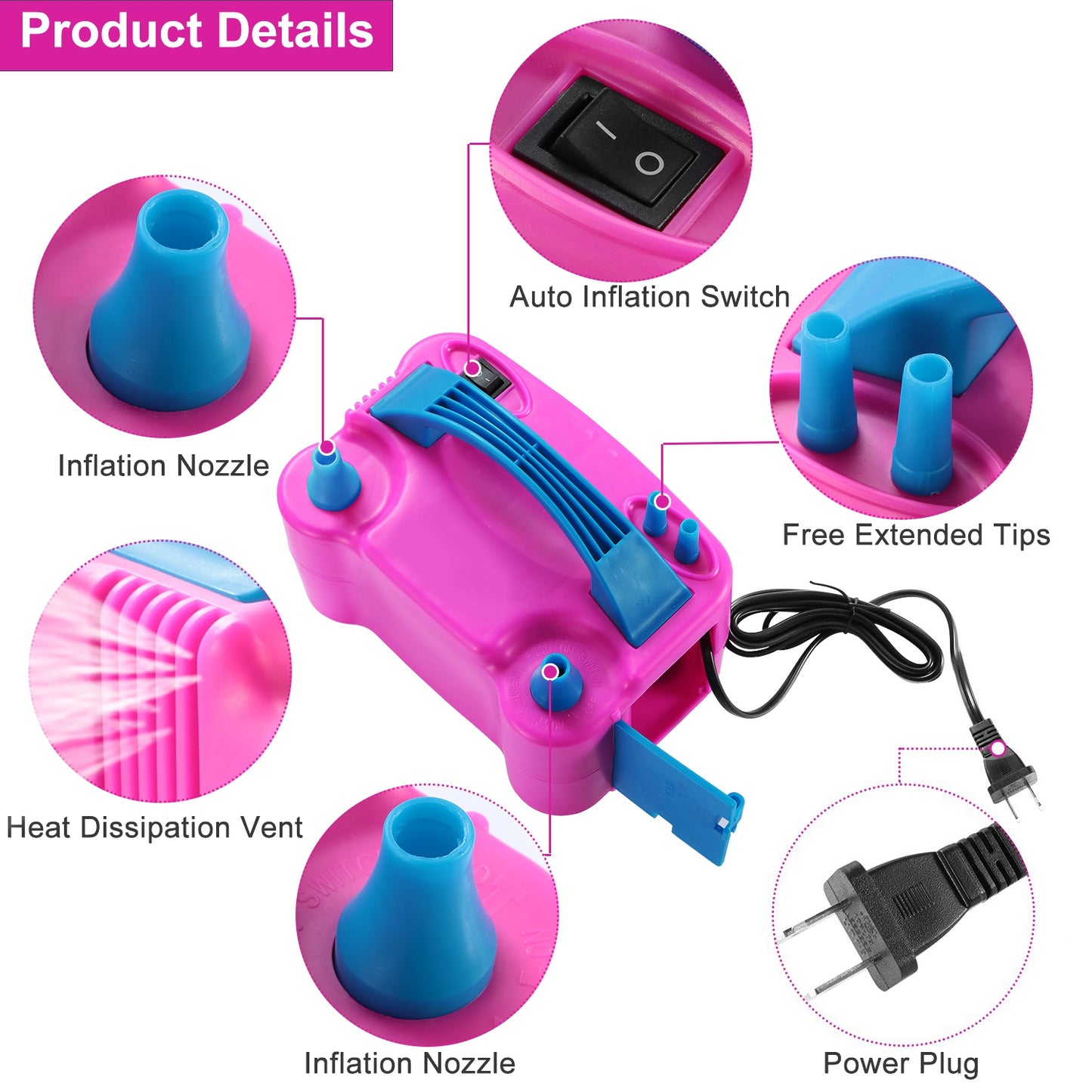 Electric Balloon Pump 600W Balloon Blower Inflator Dual Nozzle