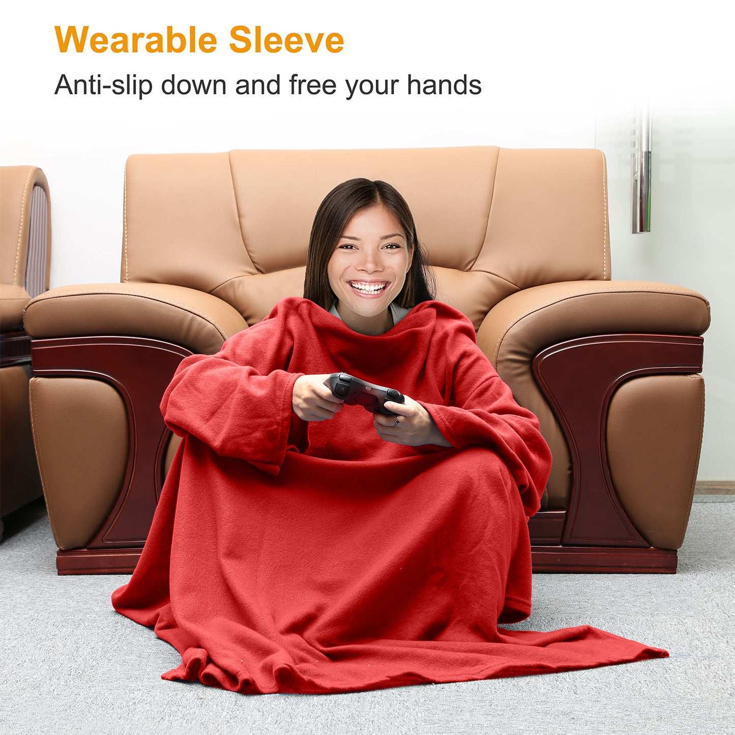 Wearable Fleece Blanket with Sleeves Cozy Warm Microplush Sofa Blanket