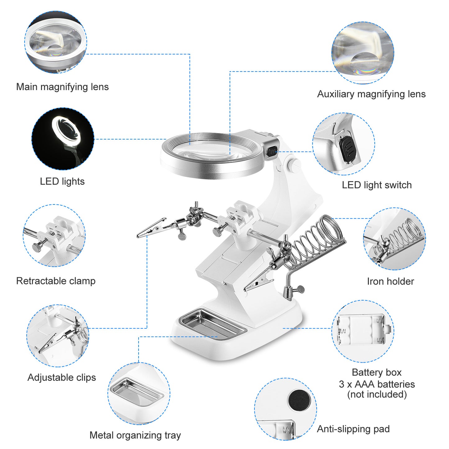 LED Light Helping Hands Magnifying Glass 3X/4.5X