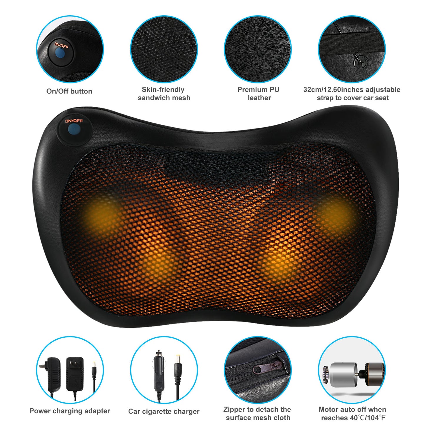Back Neck Massage Pillow Kneading Massager In-Car Thermotherapy Massage Pillow