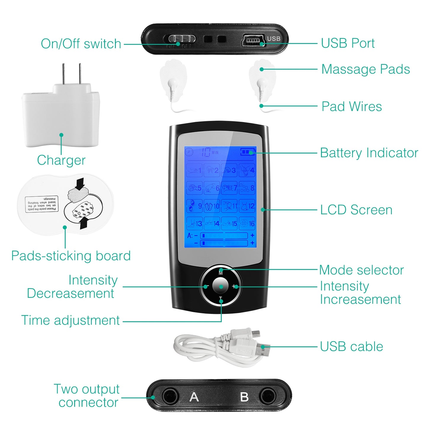 Rechargeable Tens Unit Machine Impulse Massager 16 Modes Pain Relief Body Massager