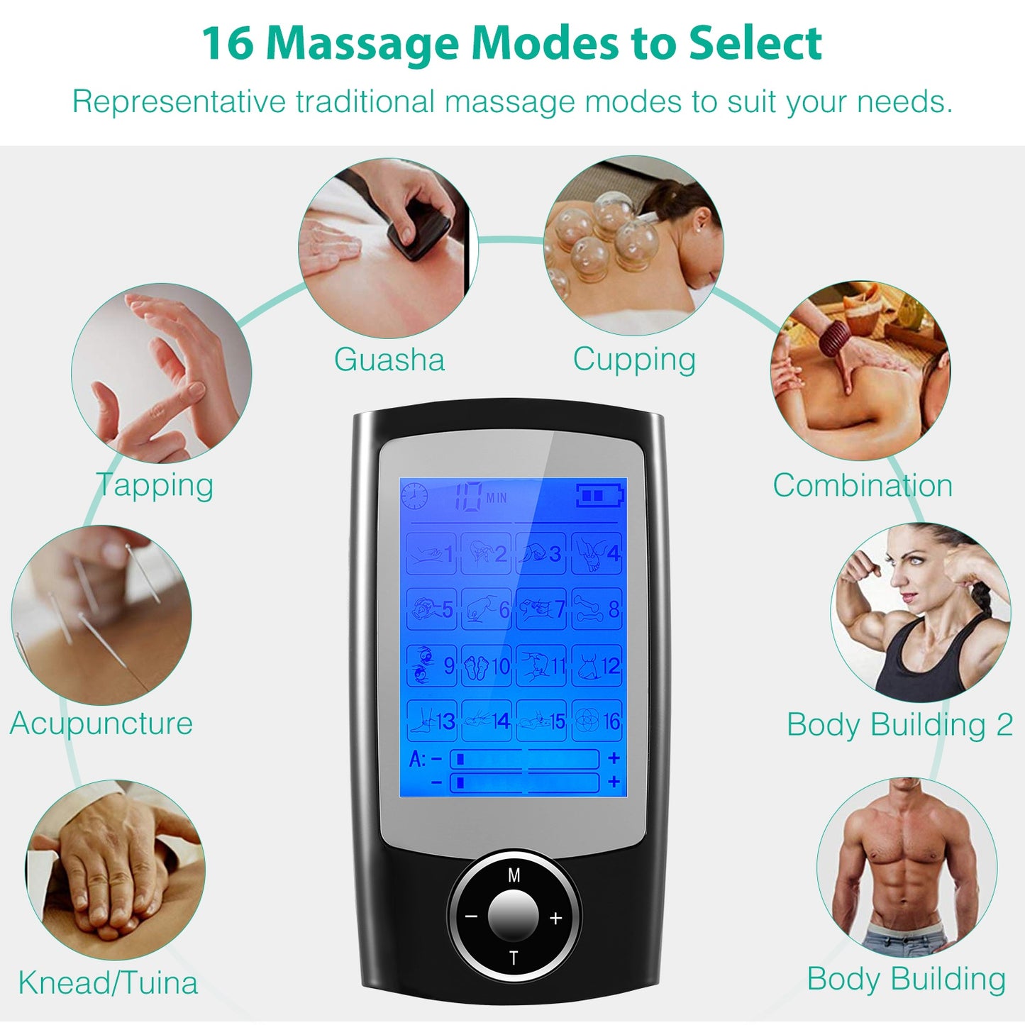 Rechargeable Tens Unit Machine Impulse Massager 16 Modes Pain Relief Body Massager
