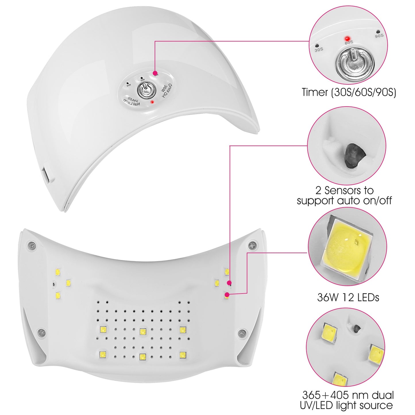 36W UV LED Lamp Nail Gel Dryer 12 LEDs Sensor Fingernail Toenail Gel Curing Machine White