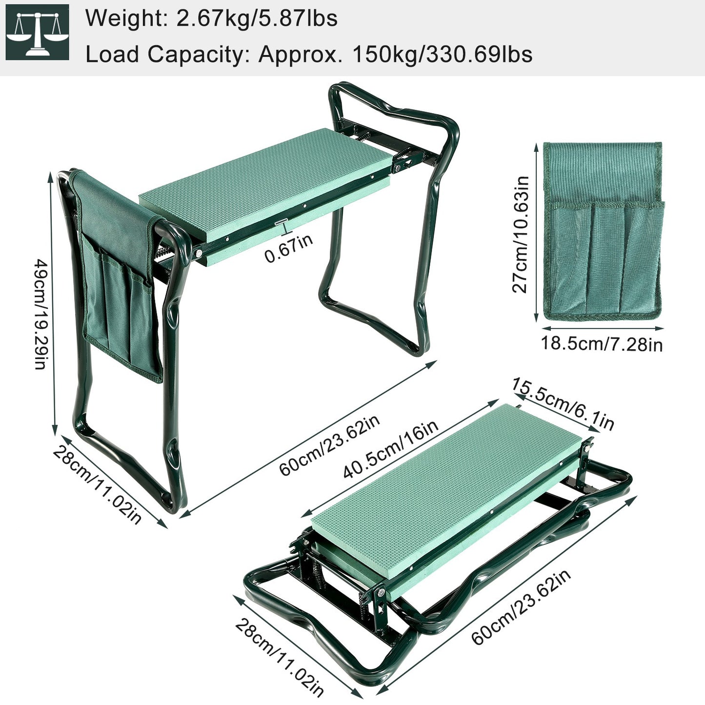 Foldable Garden Kneeler Seat w/ Kneeling Soft Cushion Pad Tools Pouch
