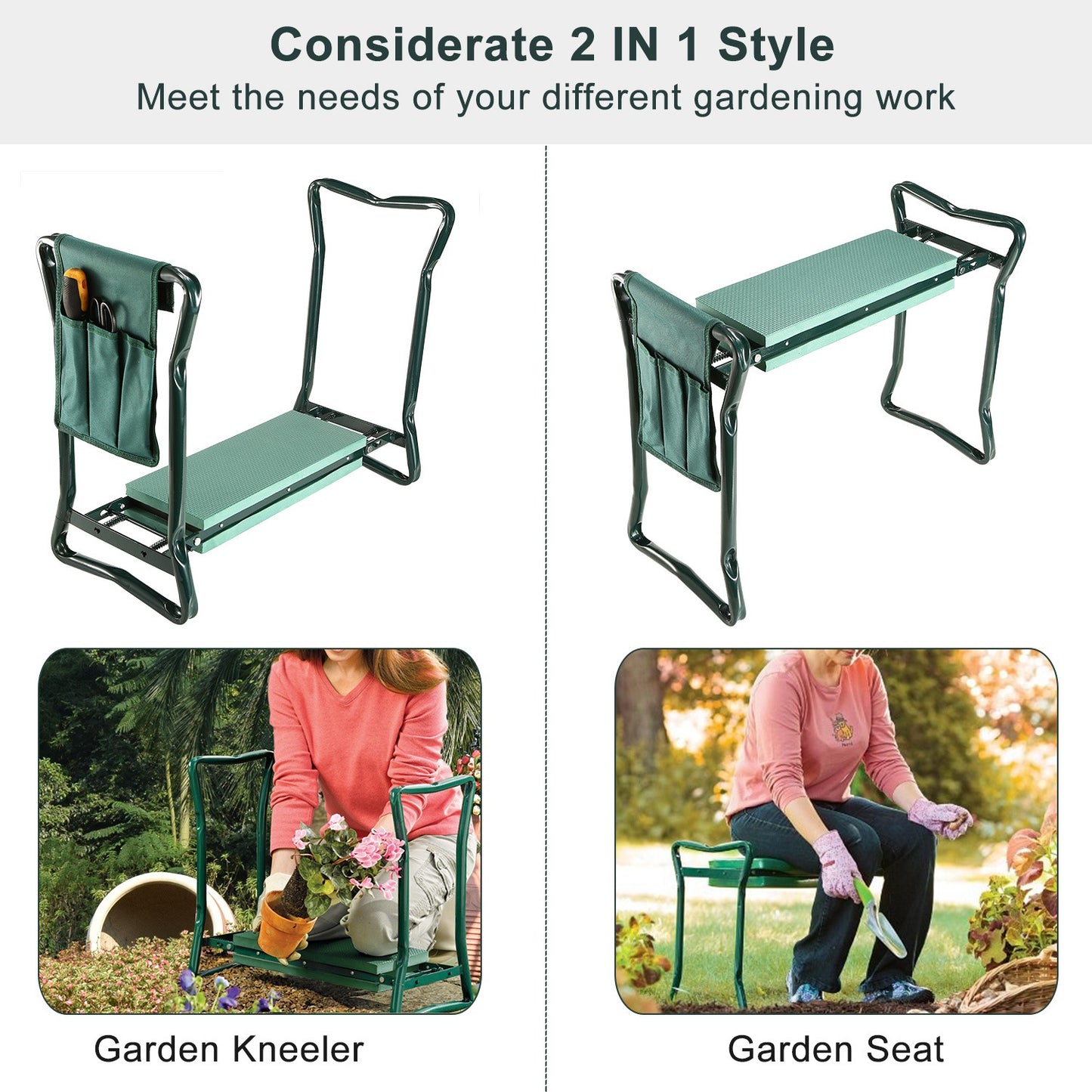 Foldable Garden Kneeler Seat w/ Kneeling Soft Cushion Pad Tools Pouch