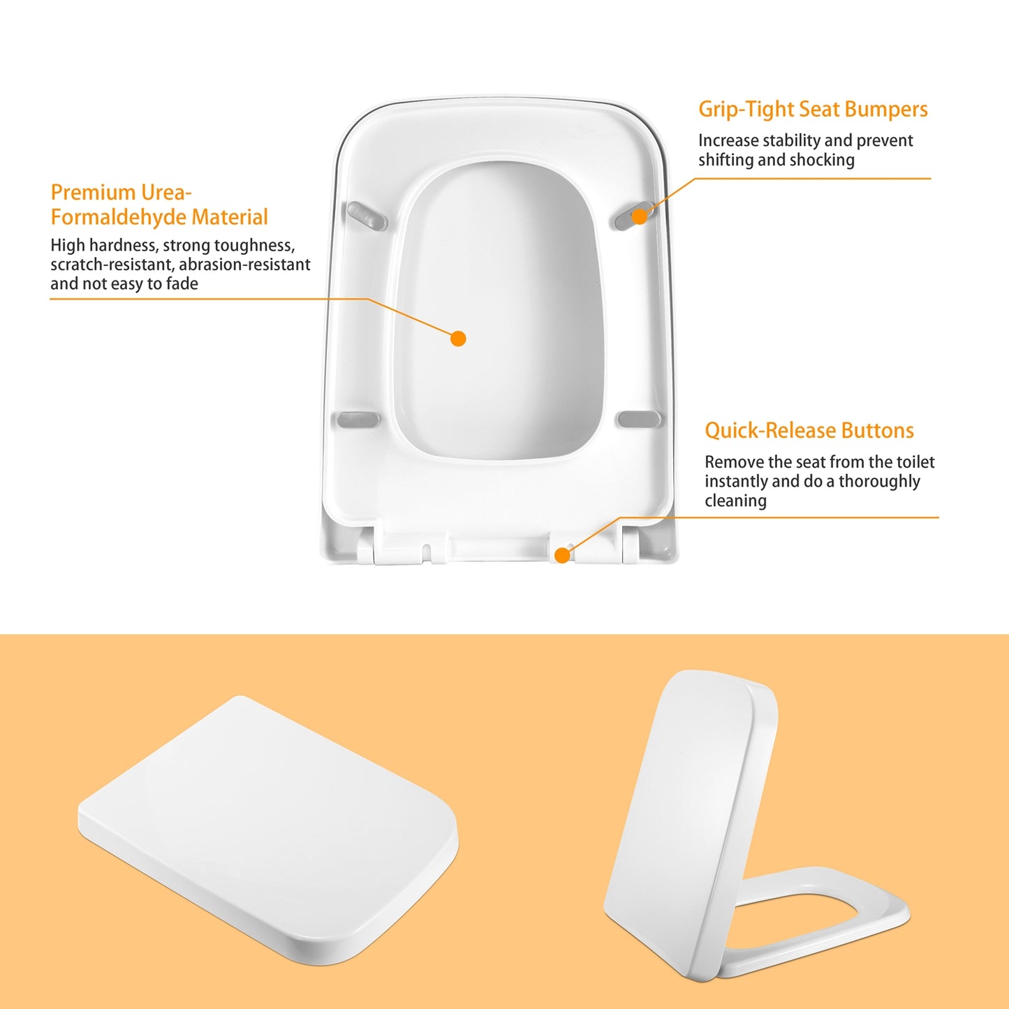 Square Toilet Seat with Grip-Tight Seat Bumpers Heavy-Duty Quiet-Close