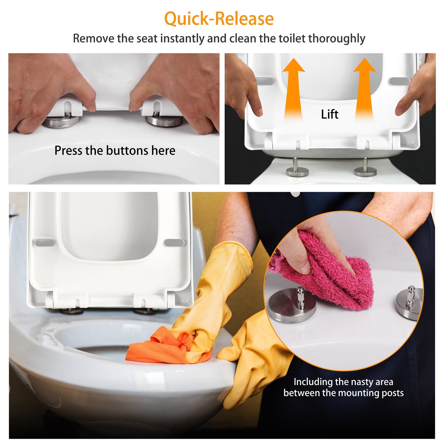 Square Toilet Seat with Grip-Tight Seat Bumpers Heavy-Duty Quiet-Close