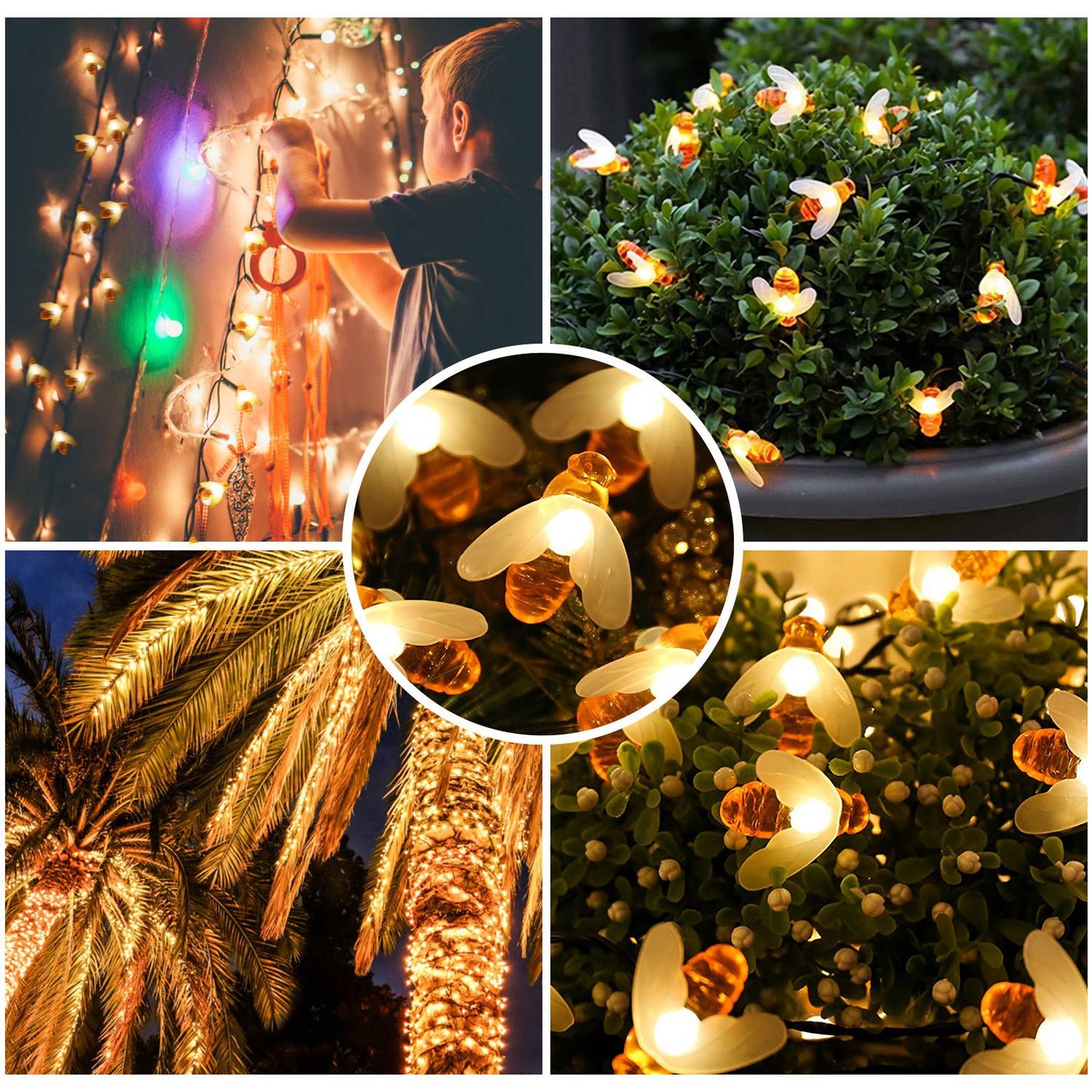 Solar String Bee Lights 30 Honeybees LED Fairy Solar Lights 8 Lighting Modes