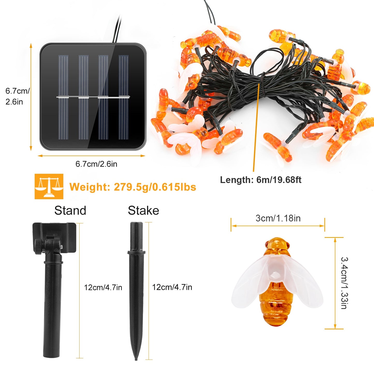 Solar String Bee Lights 30 Honeybees LED Fairy Solar Lights 8 Lighting Modes