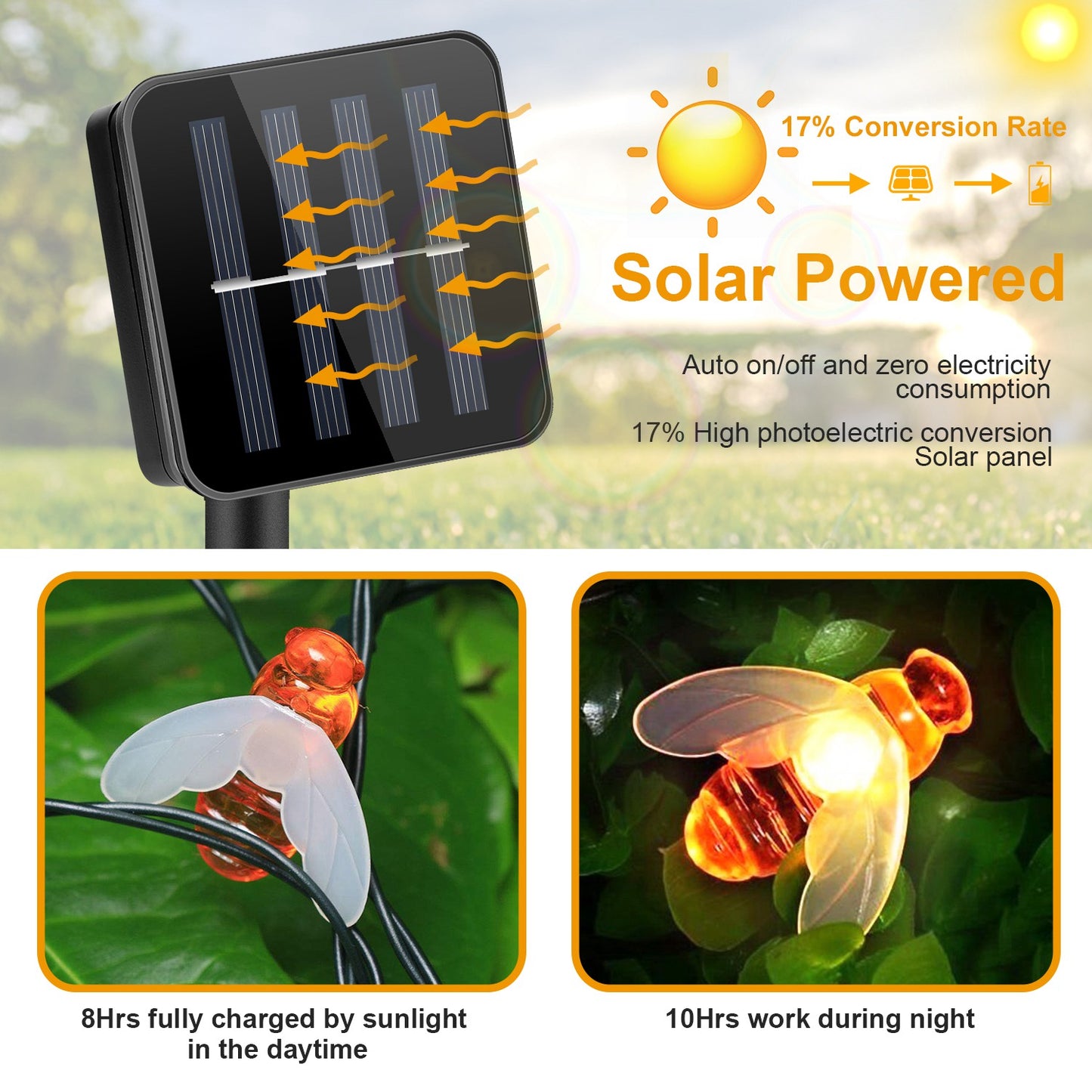 Solar String Bee Lights 30 Honeybees LED Fairy Solar Lights 8 Lighting Modes