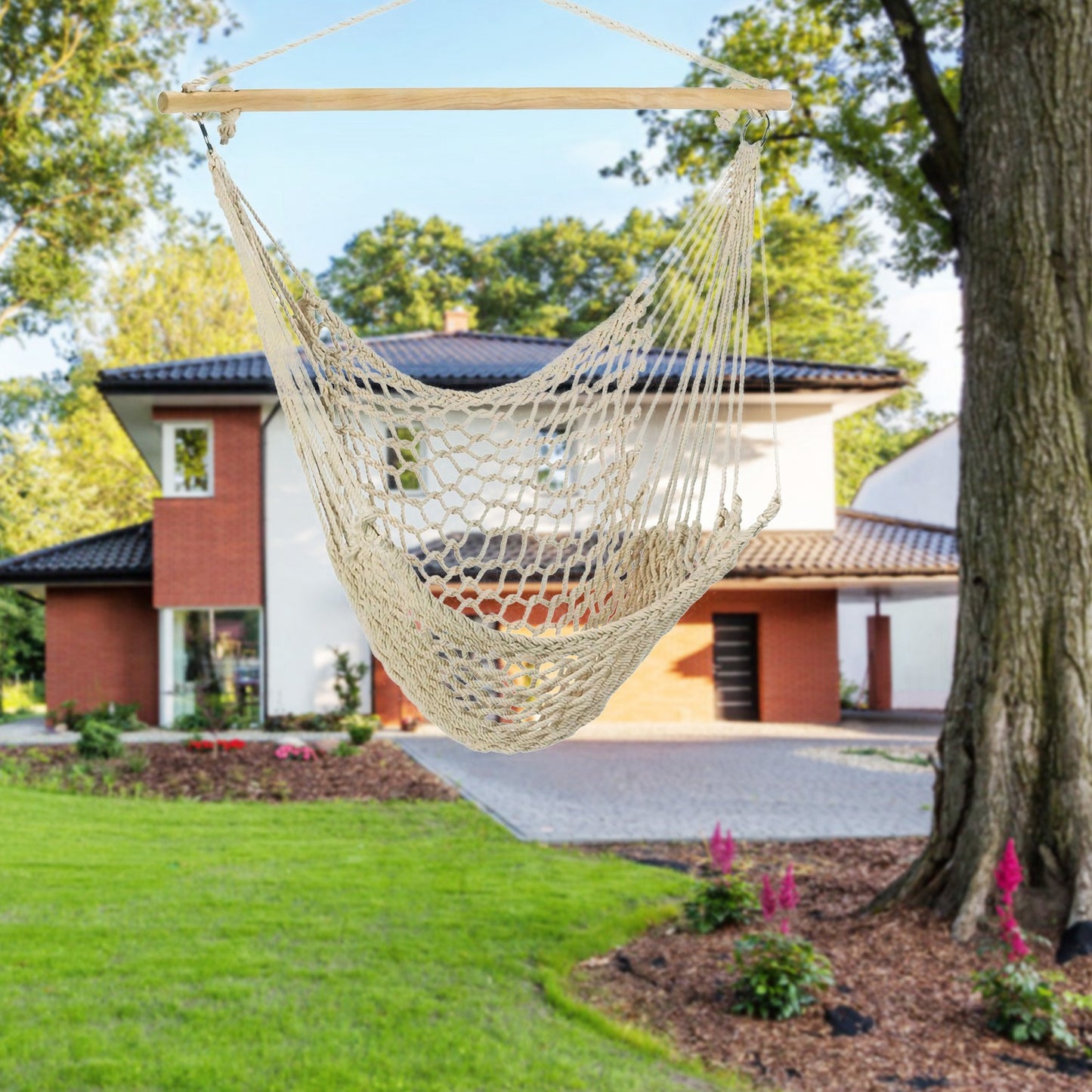 Hammock Chair Hanging Rope Seat Swing w/ Wooden Stick 220lbs Load