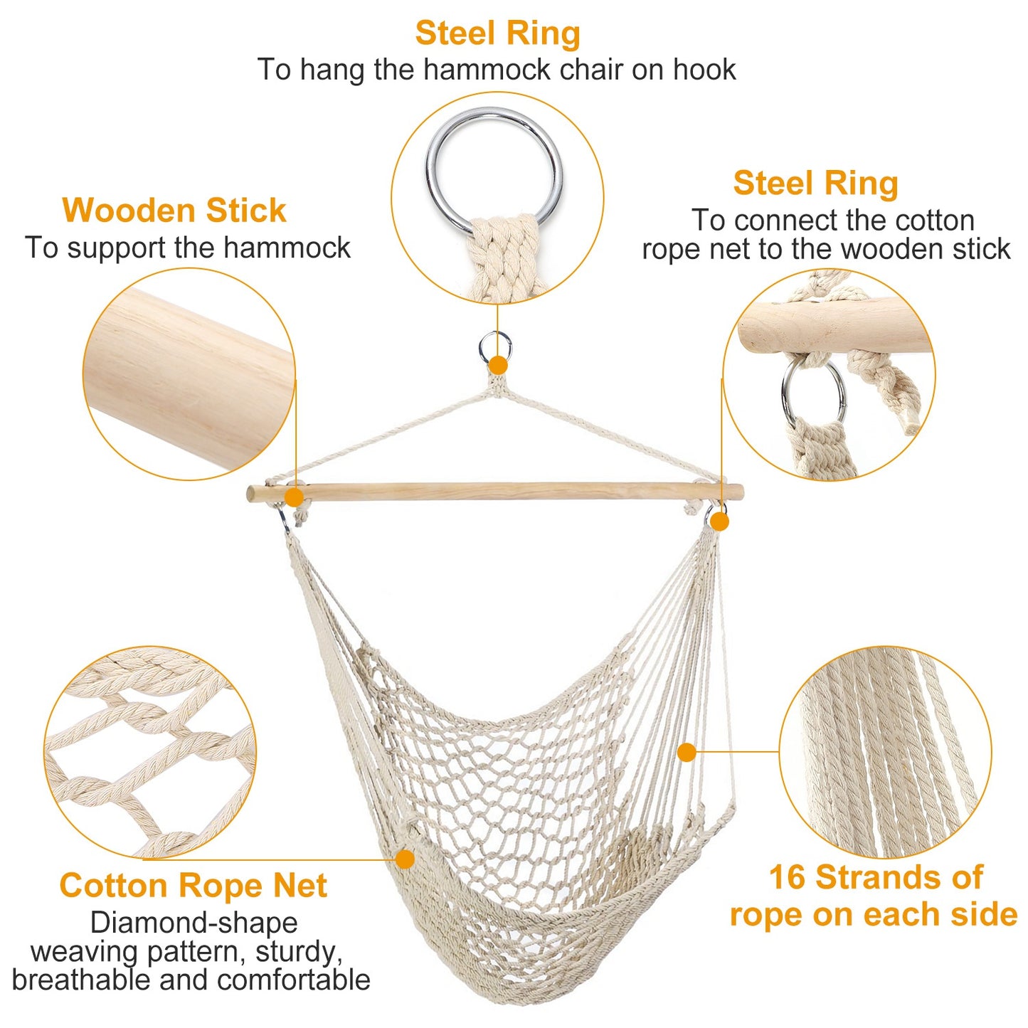 Hammock Chair Hanging Rope Seat Swing w/ Wooden Stick 220lbs Load