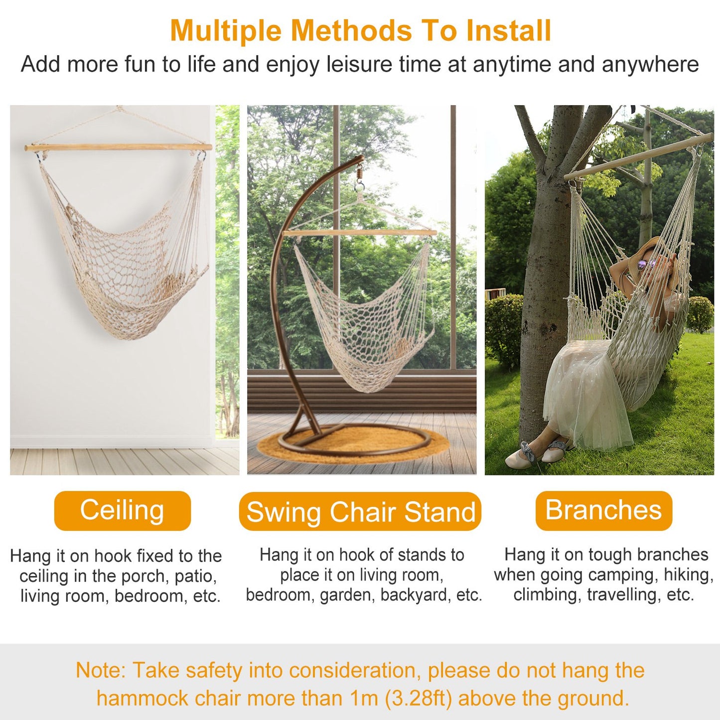 Hammock Chair Hanging Rope Seat Swing w/ Wooden Stick 220lbs Load