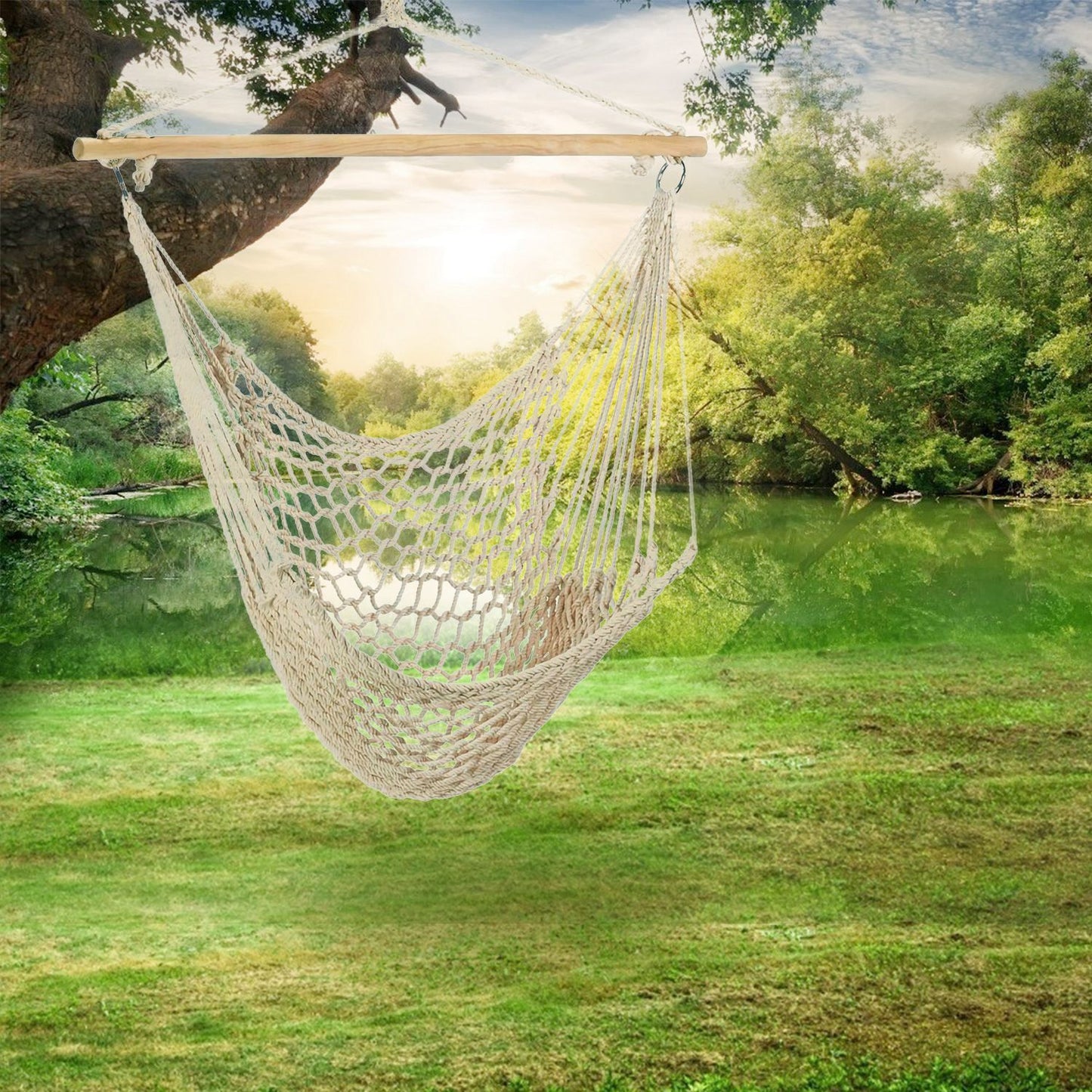 Hammock Chair Hanging Rope Seat Swing w/ Wooden Stick 220lbs Load