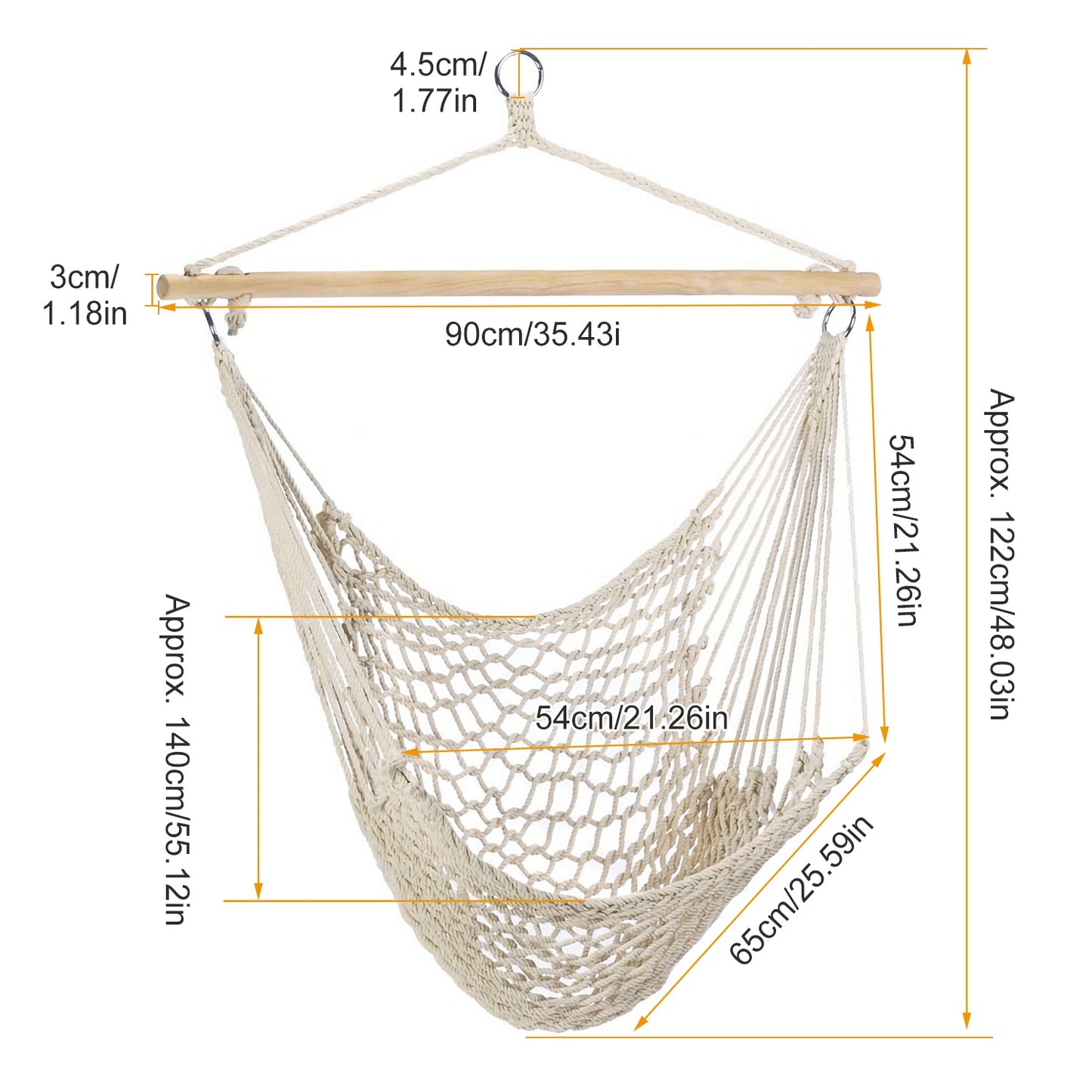 Hammock Chair Hanging Rope Seat Swing w/ Wooden Stick 220lbs Load