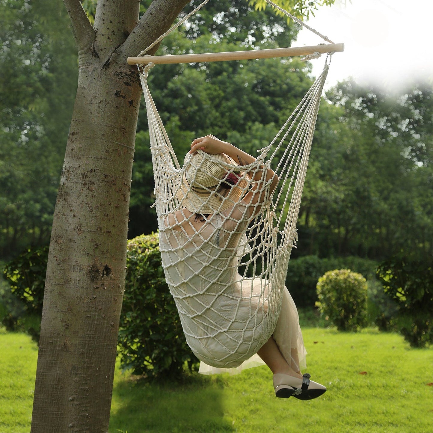 Hammock Chair Hanging Rope Seat Swing w/ Wooden Stick 220lbs Load