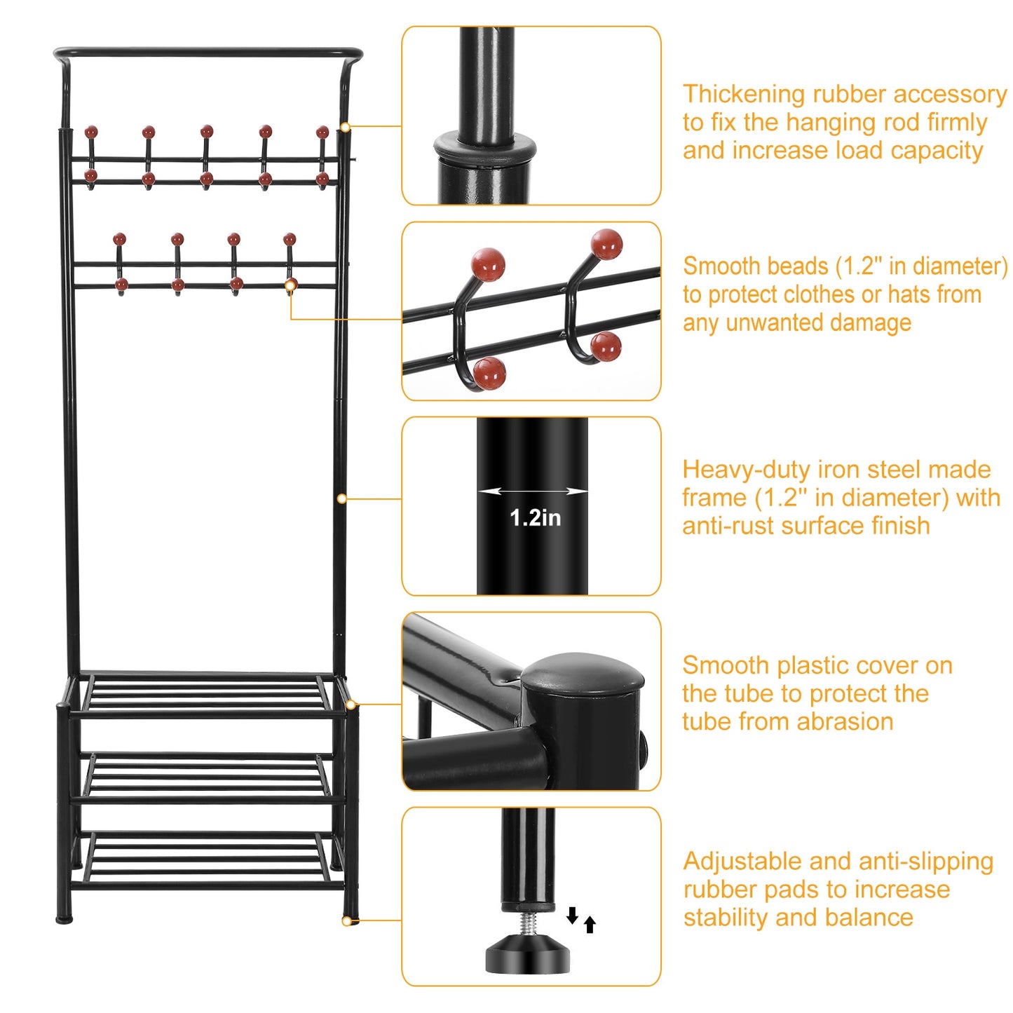 Metal Entryway Coat Shoe Rack Hall Tree w/ 3-Tier Shoe Bench Shoe Storage
