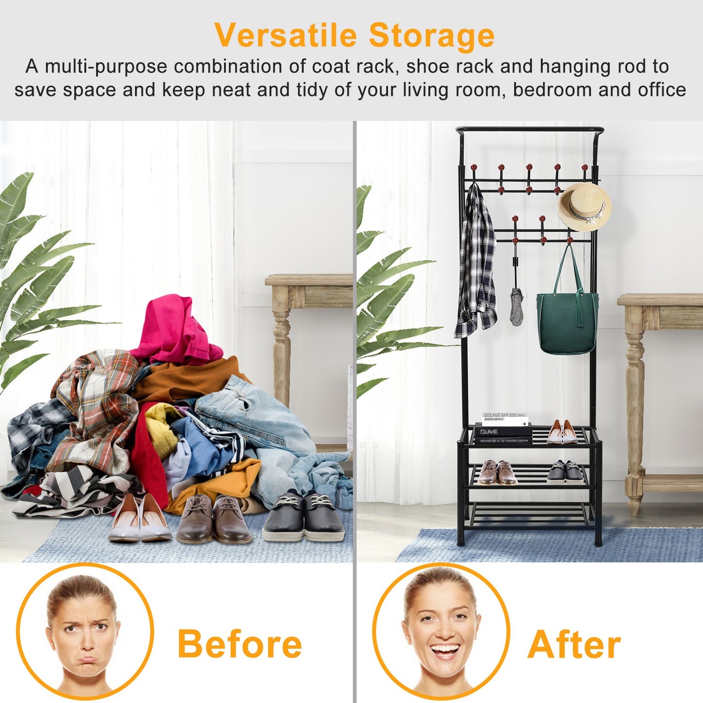 Metal Entryway Coat Shoe Rack Hall Tree w/ 3-Tier Shoe Bench Shoe Storage
