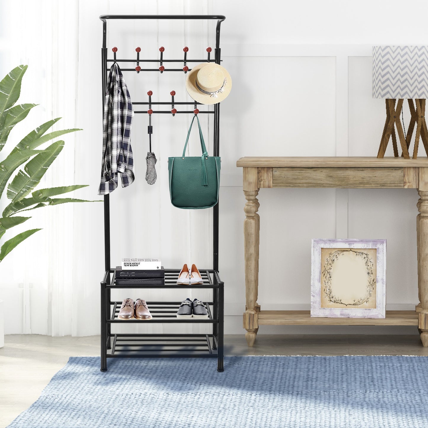 Metal Entryway Coat Shoe Rack Hall Tree w/ 3-Tier Shoe Bench Shoe Storage