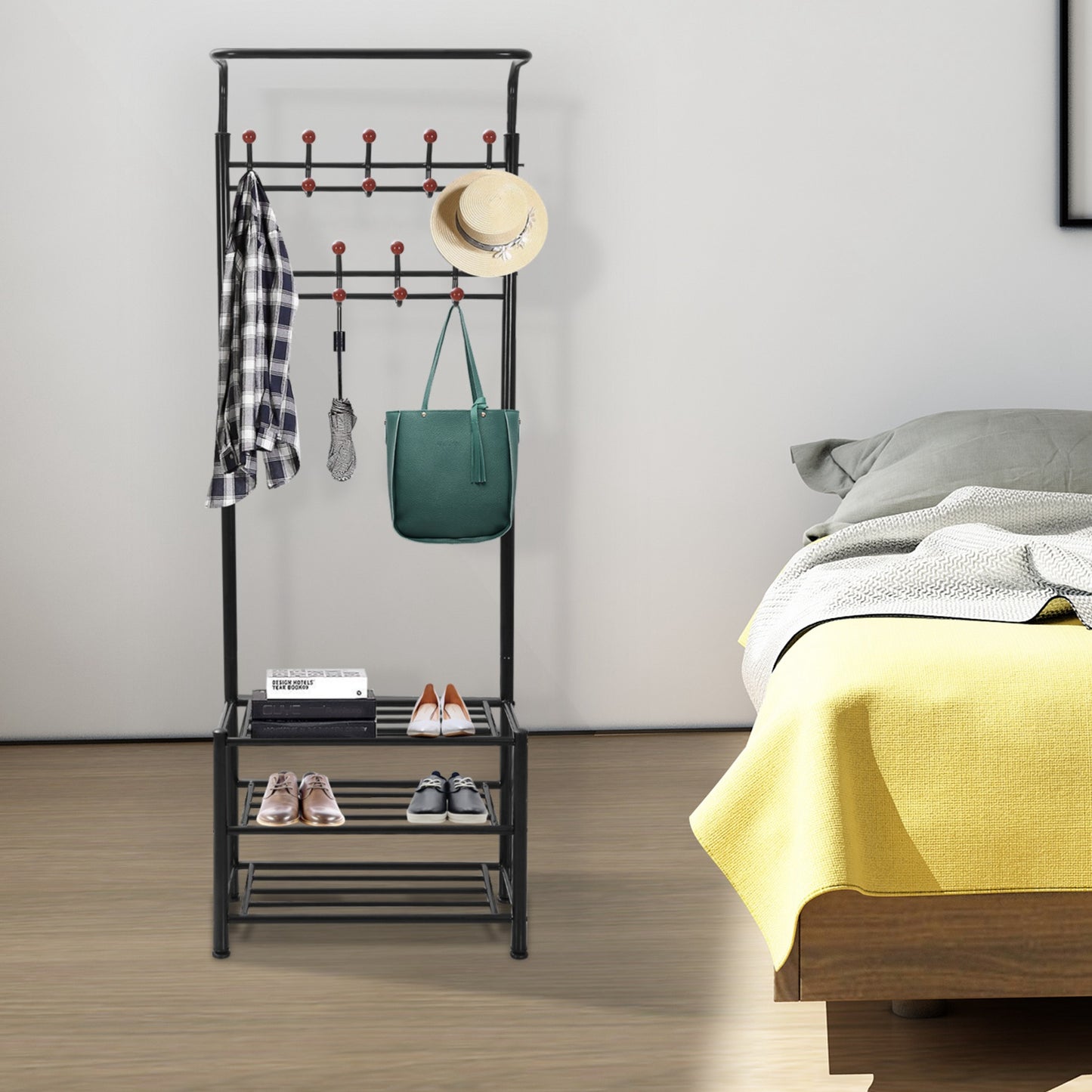 Metal Entryway Coat Shoe Rack Hall Tree w/ 3-Tier Shoe Bench Shoe Storage