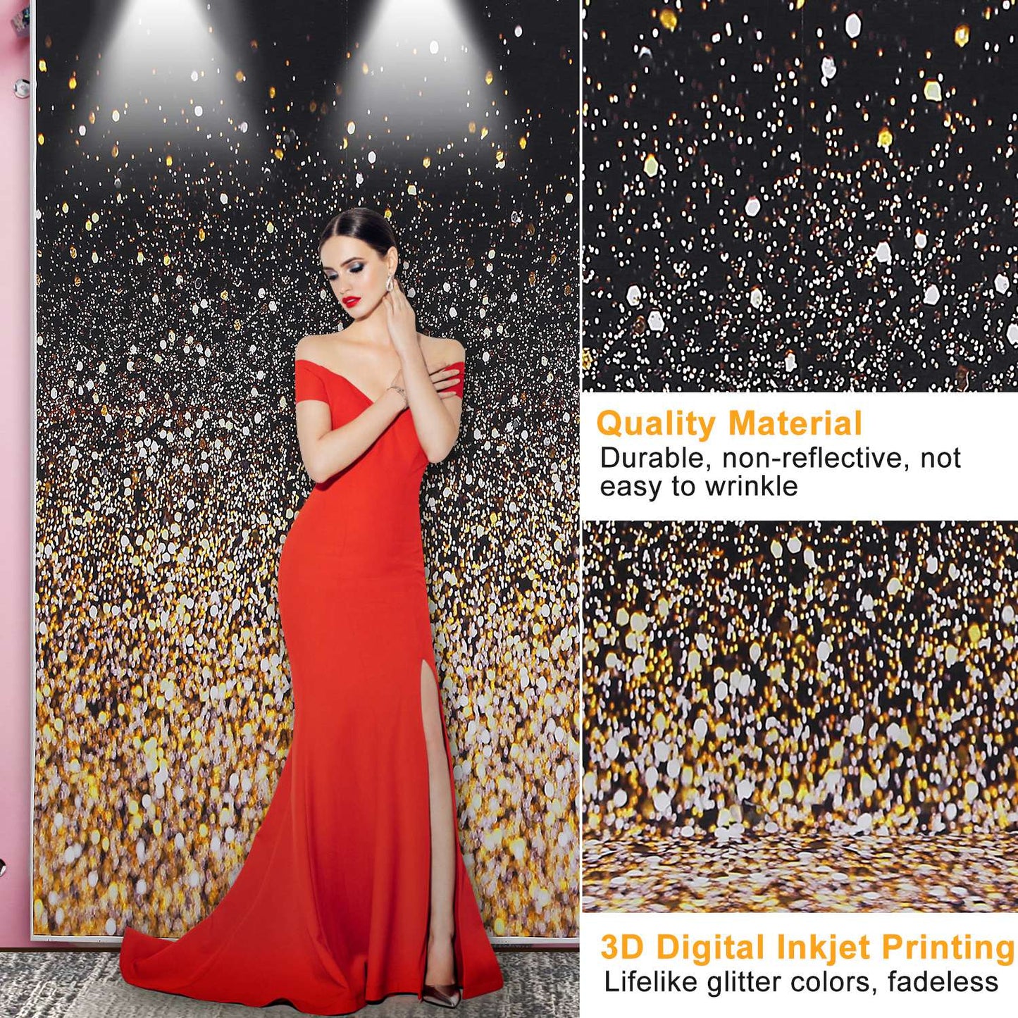 5x7FT Glitter Photo Backdrop Gradual Glitter Black Gold Bokeh Spots Photography Background