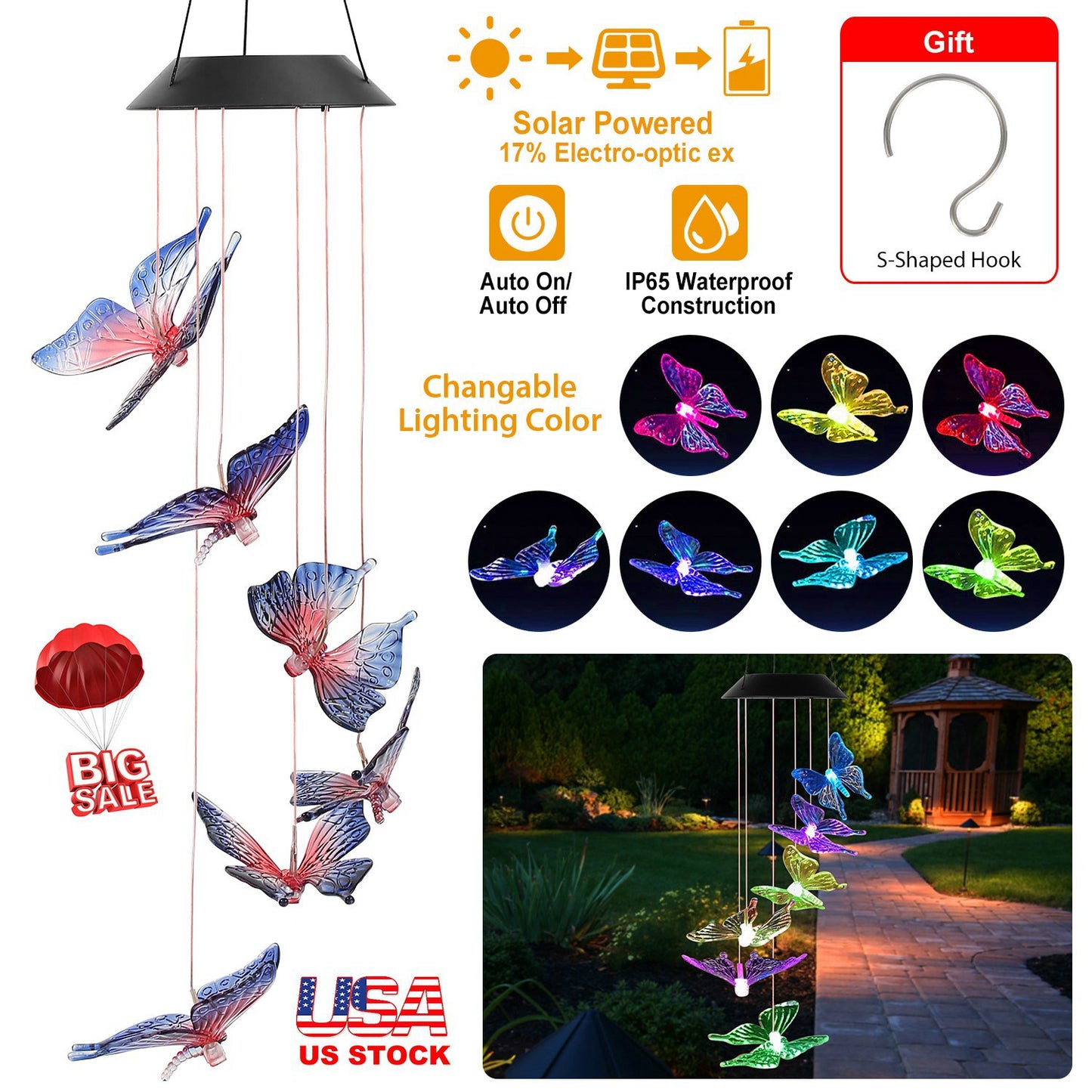 Solar LED Butterfly Wind Chimes Color Changing LED Butterfly String Light