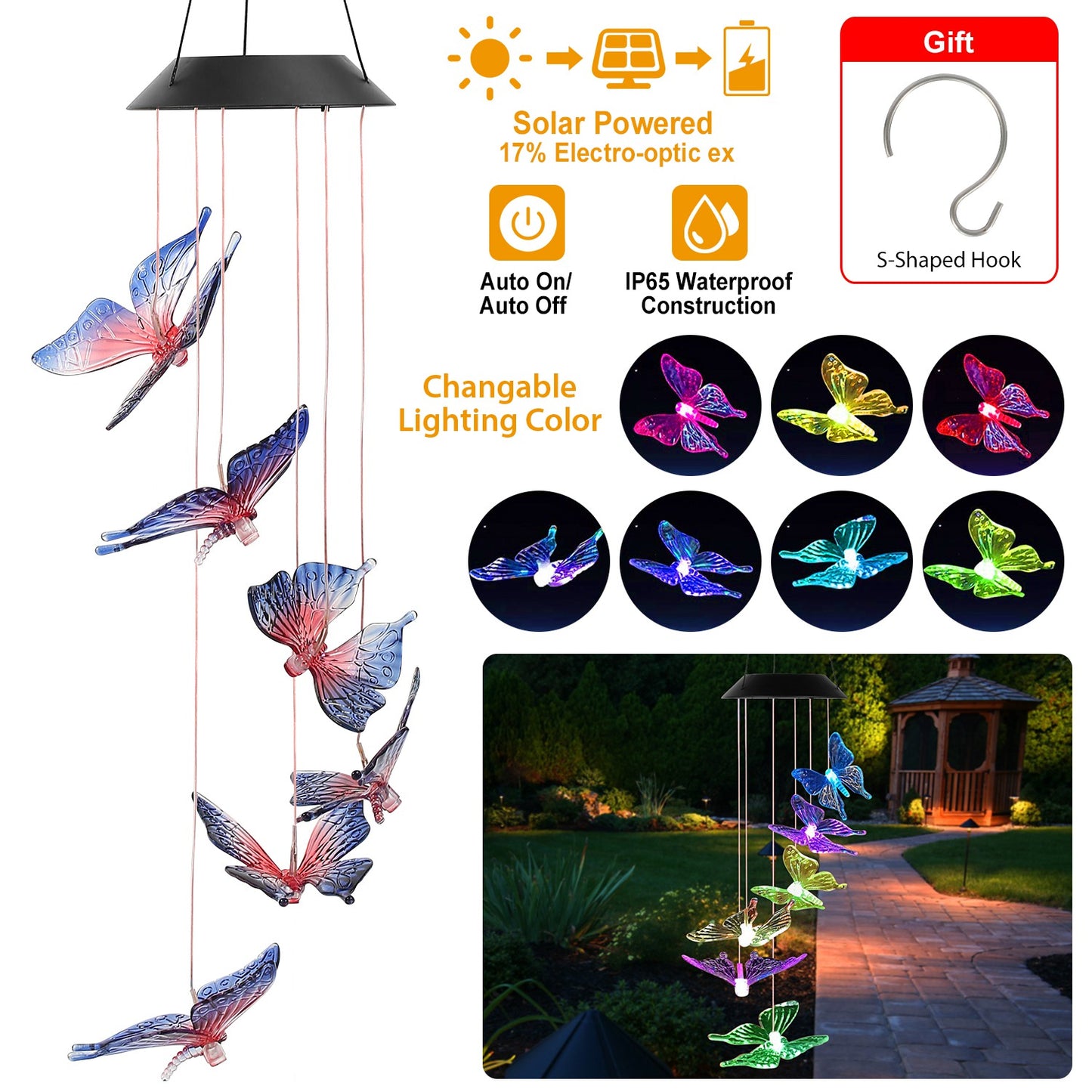 Solar LED Butterfly Wind Chimes Color Changing LED Butterfly String Light