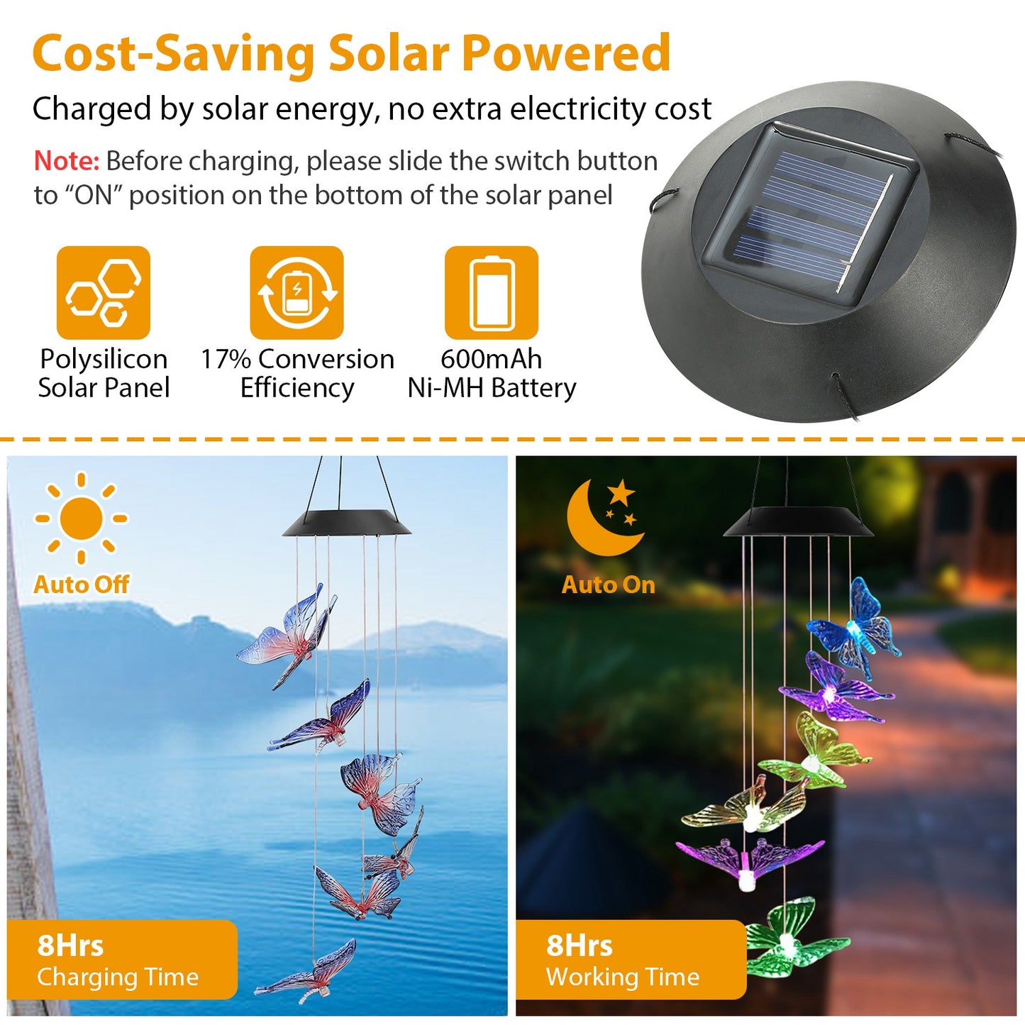 Solar LED Butterfly Wind Chimes Color Changing LED Butterfly String Light