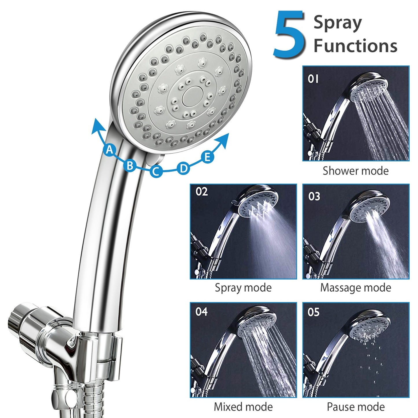 Handheld Shower Head Stainless High Pressure 5 Spray Settings Massage Spa Showerhead