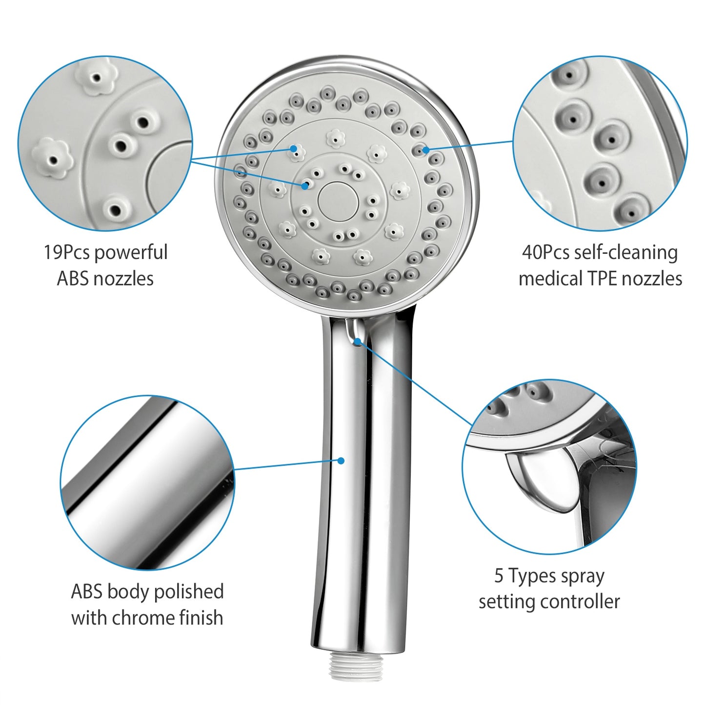 Handheld Shower Head Stainless High Pressure 5 Spray Settings Massage Spa Showerhead