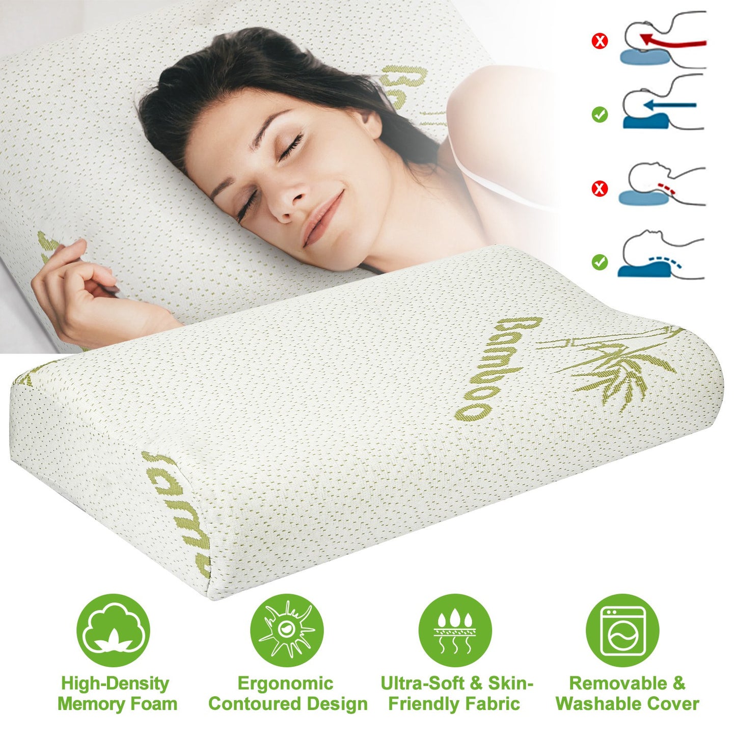 Bamboo Memory Foam Sleep Pillow Contoured Orthopedic Pillow