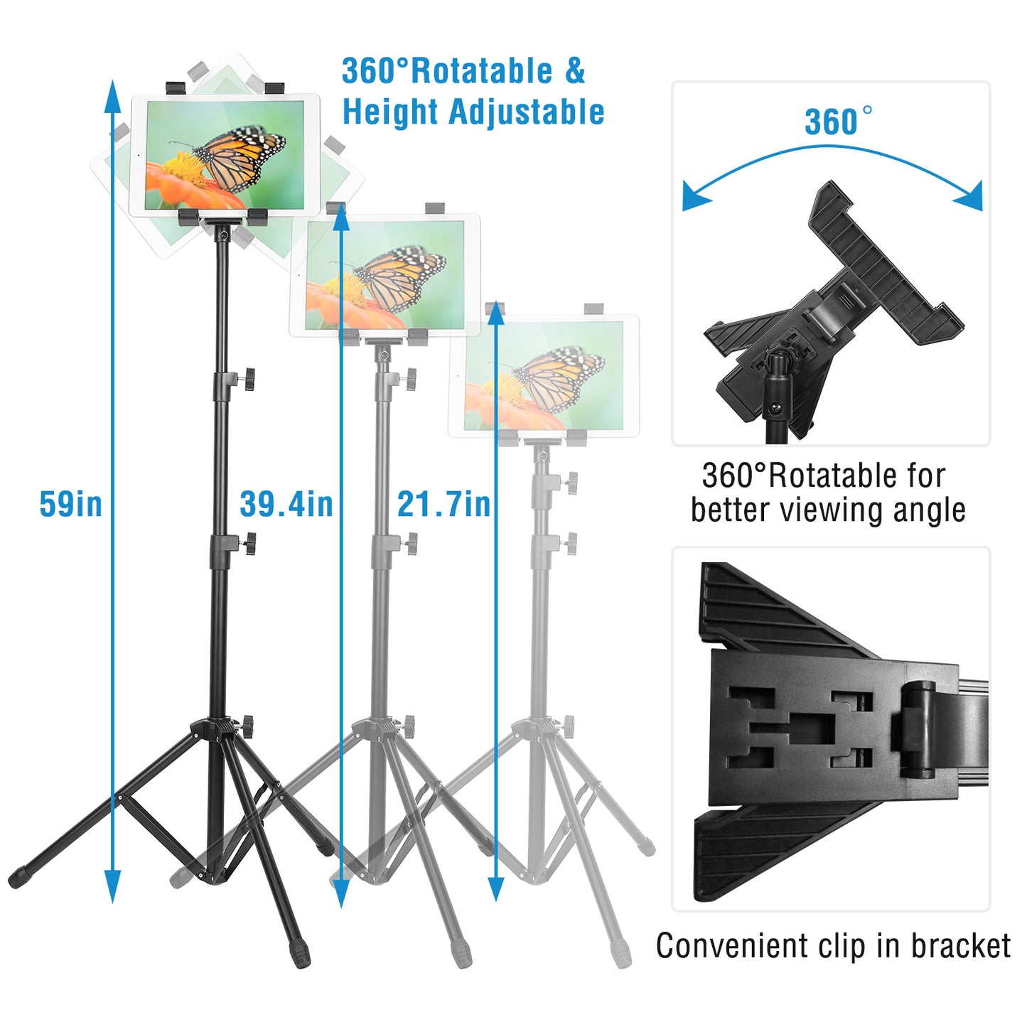 Tablet Mount 360 Degree Rotating Tablet Holder 59in Adjustable Tablet Tripod Stand