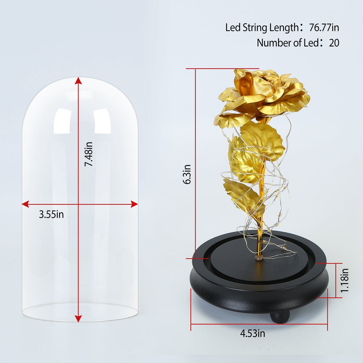 Foil Rose LED String Light Rose Fairy Lamp w/ Glass Dome