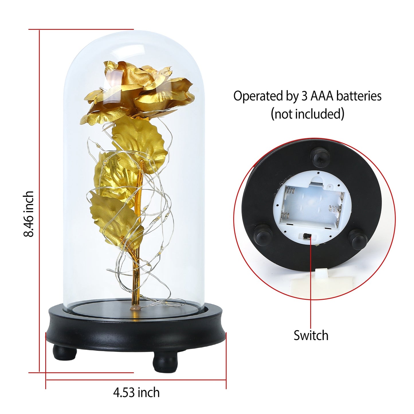Foil Rose LED String Light Rose Fairy Lamp w/ Glass Dome