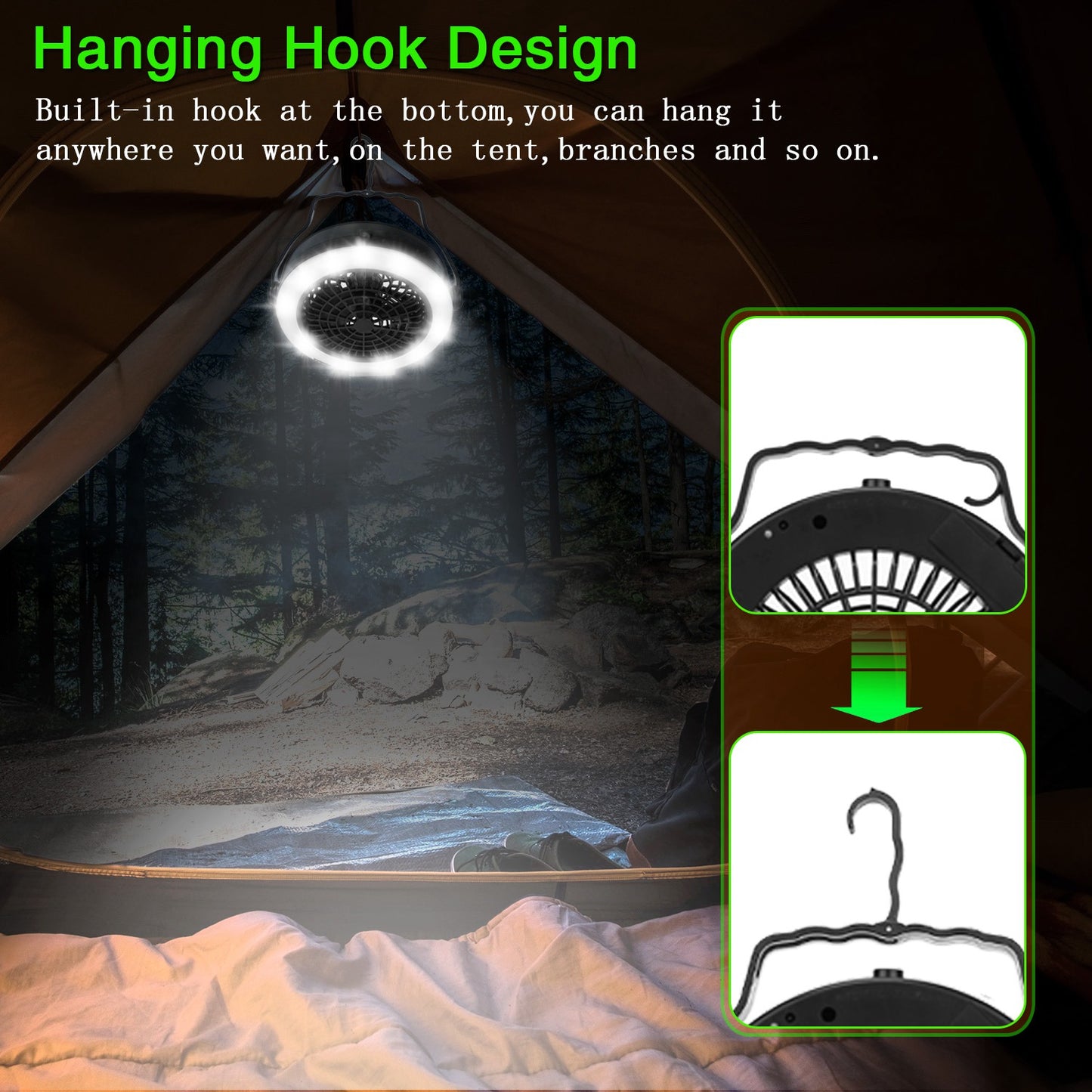 Portable Camping LED Fan 2 in 1 Outdoor Battery/USB Operated Hanging Hook
