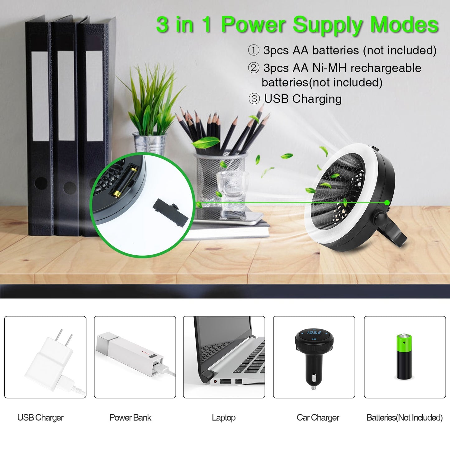 Portable Camping LED Fan 2 in 1 Outdoor Battery/USB Operated Hanging Hook