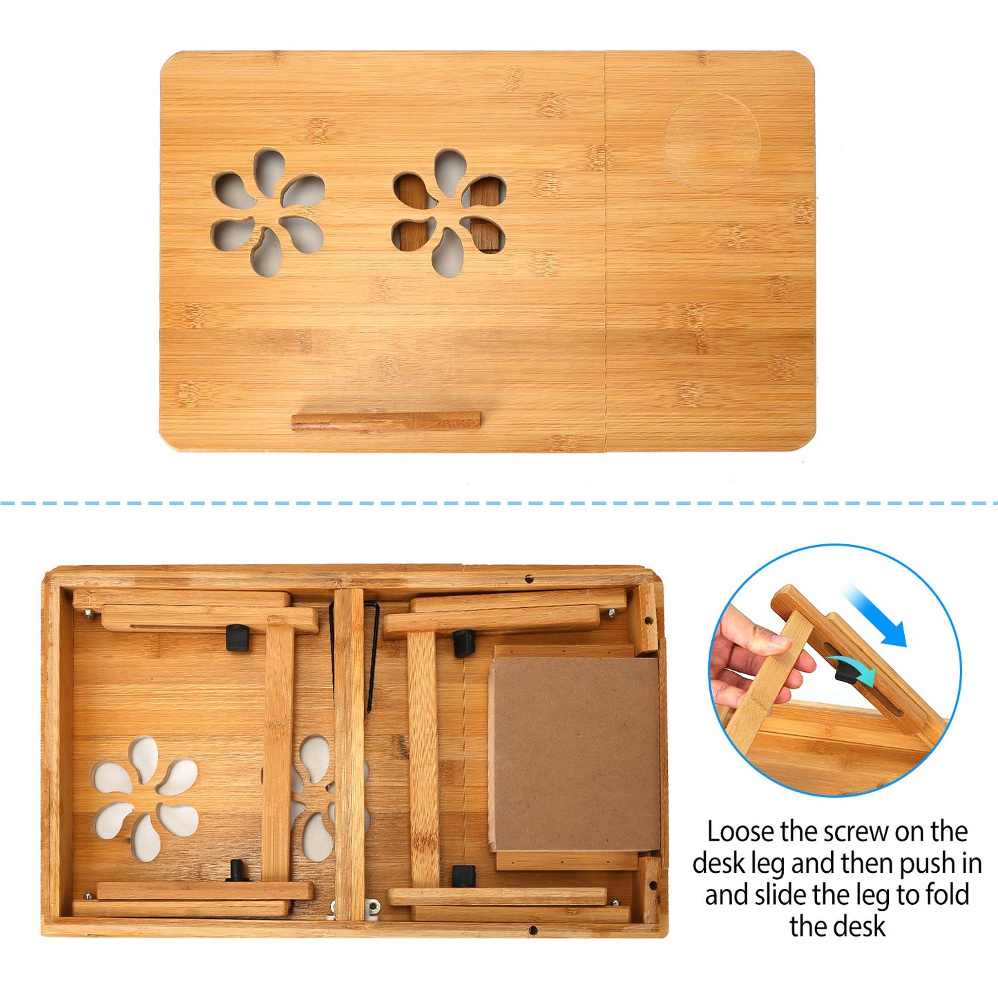 Bamboo Laptop Desk Breakfast Serving Bed Tray Foldable Leg Multi-Position