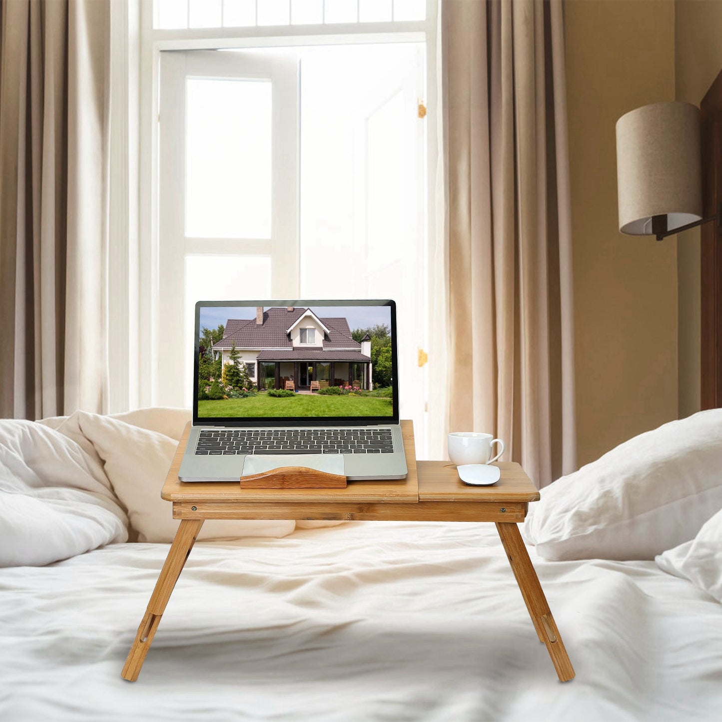 Bamboo Laptop Desk Breakfast Serving Bed Tray Foldable Leg Multi-Position