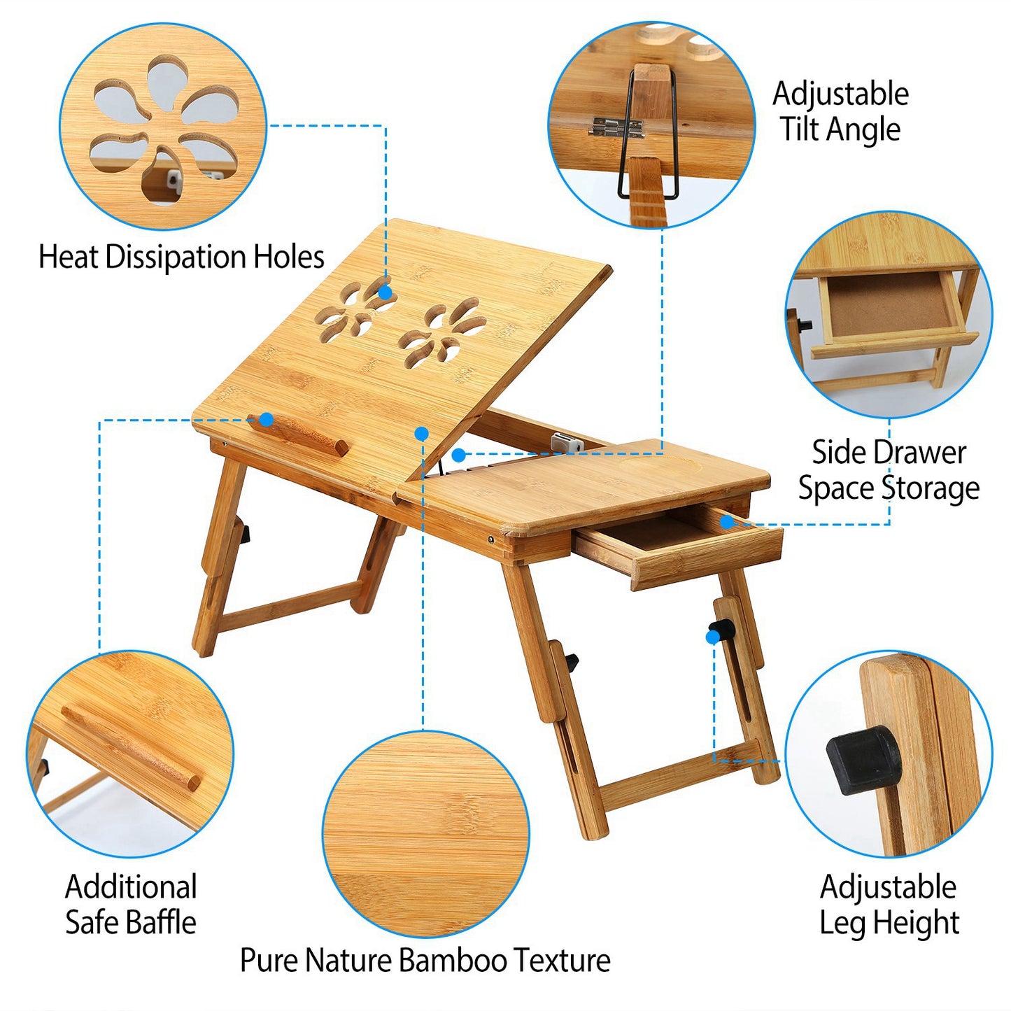 Bamboo Laptop Desk Breakfast Serving Bed Tray Foldable Leg Multi-Position