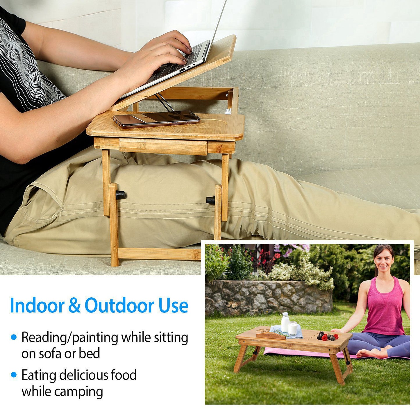 Bamboo Laptop Desk Breakfast Serving Bed Tray Foldable Leg Multi-Position