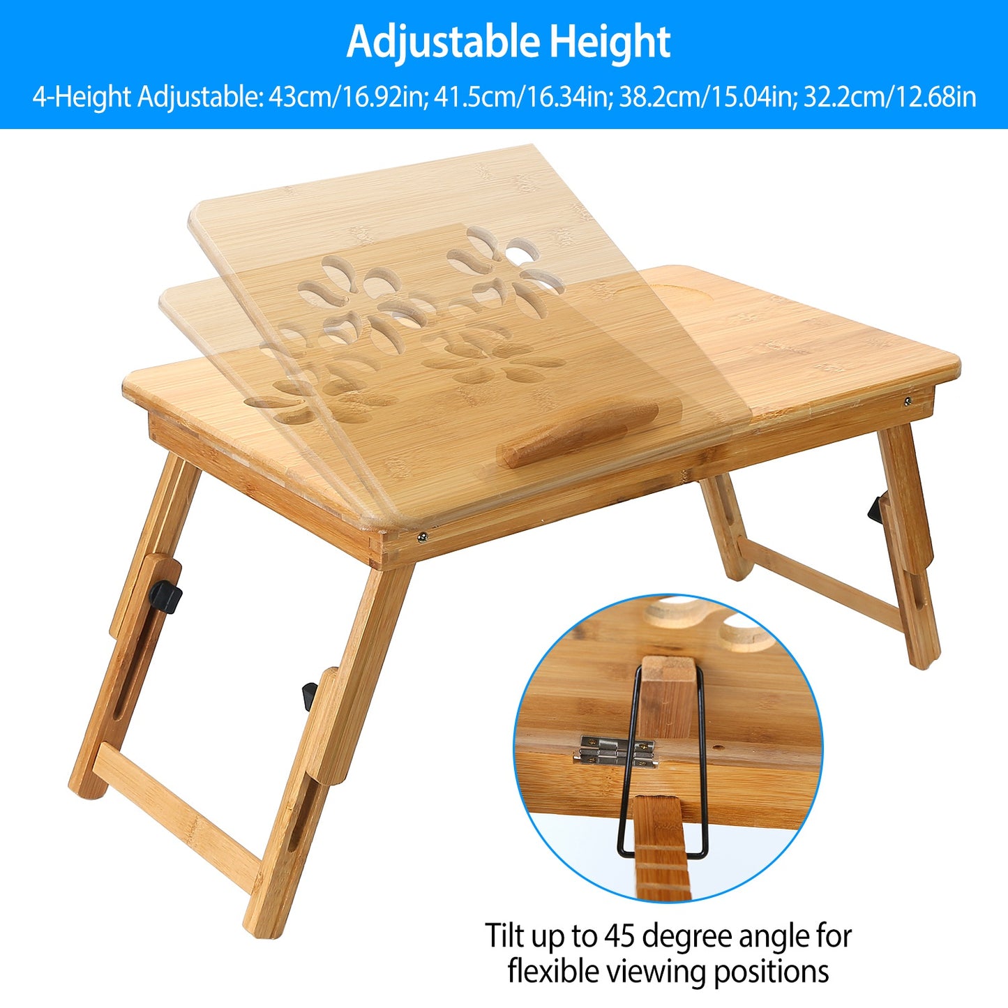 Bamboo Laptop Desk Breakfast Serving Bed Tray Foldable Leg Multi-Position