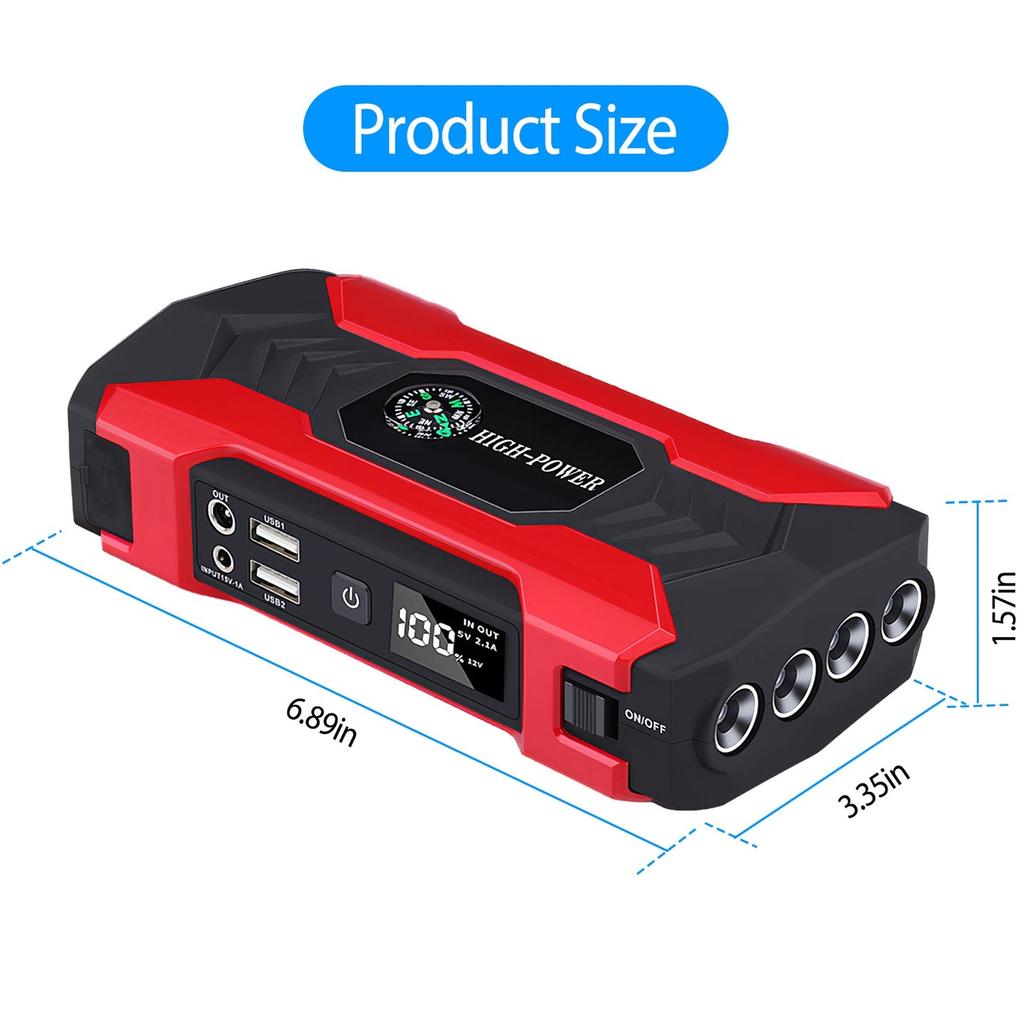 Car Jump Starter Booster 1000A Peak 20000mAh 12V Battery Charger (Up to 6.0L Gas or 3.0L Diesel Engine) w/ LCD Screen 3 Modes LED Flashlight