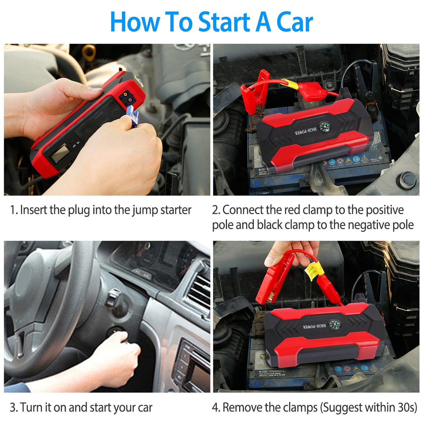 Car Jump Starter Booster 1000A Peak 20000mAh 12V Battery Charger (Up to 6.0L Gas or 3.0L Diesel Engine) w/ LCD Screen 3 Modes LED Flashlight