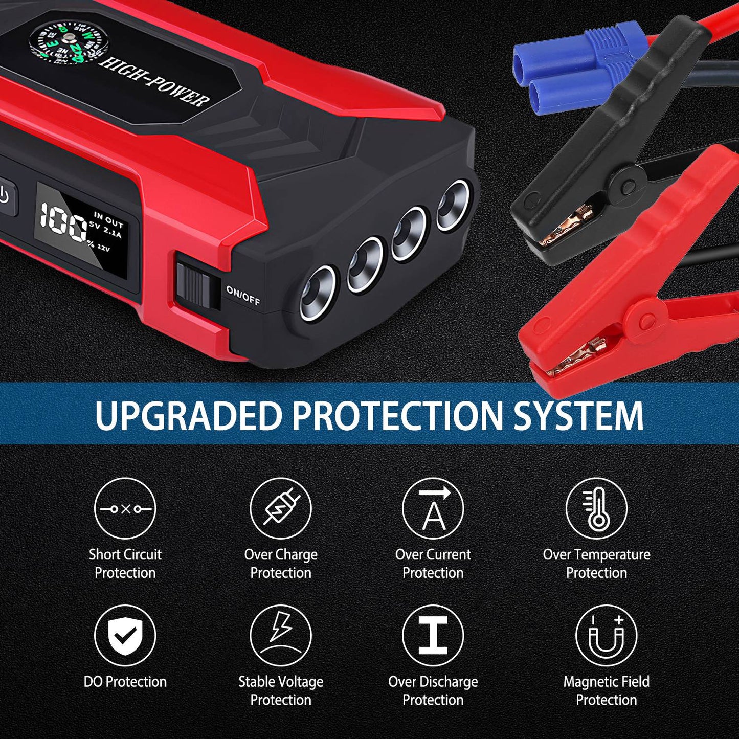 Car Jump Starter Booster 1000A Peak 20000mAh 12V Battery Charger (Up to 6.0L Gas or 3.0L Diesel Engine) w/ LCD Screen 3 Modes LED Flashlight