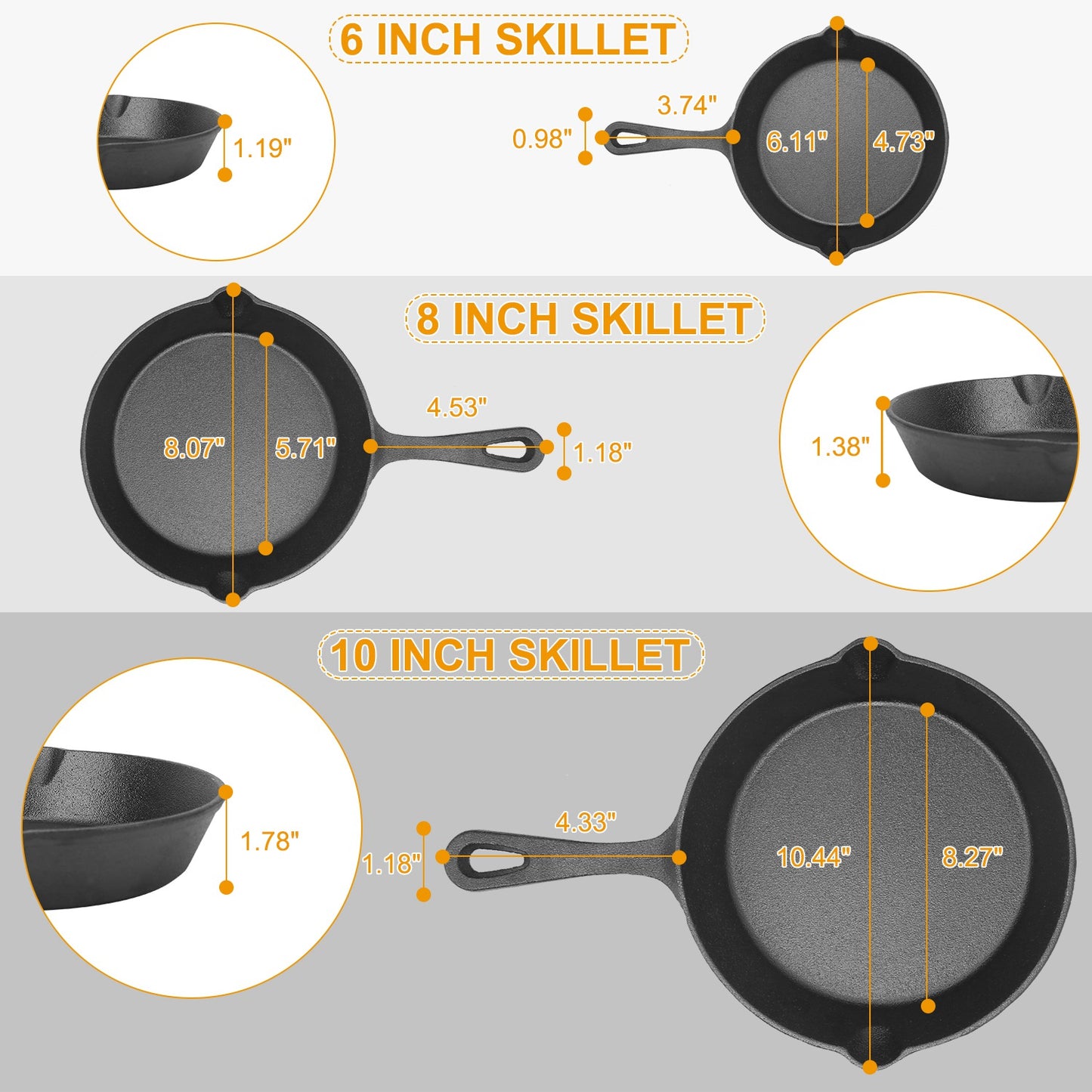 3Pcs Pre-Seasoned Cast Iron Skillet Set 6/8/10in Non-Stick Oven